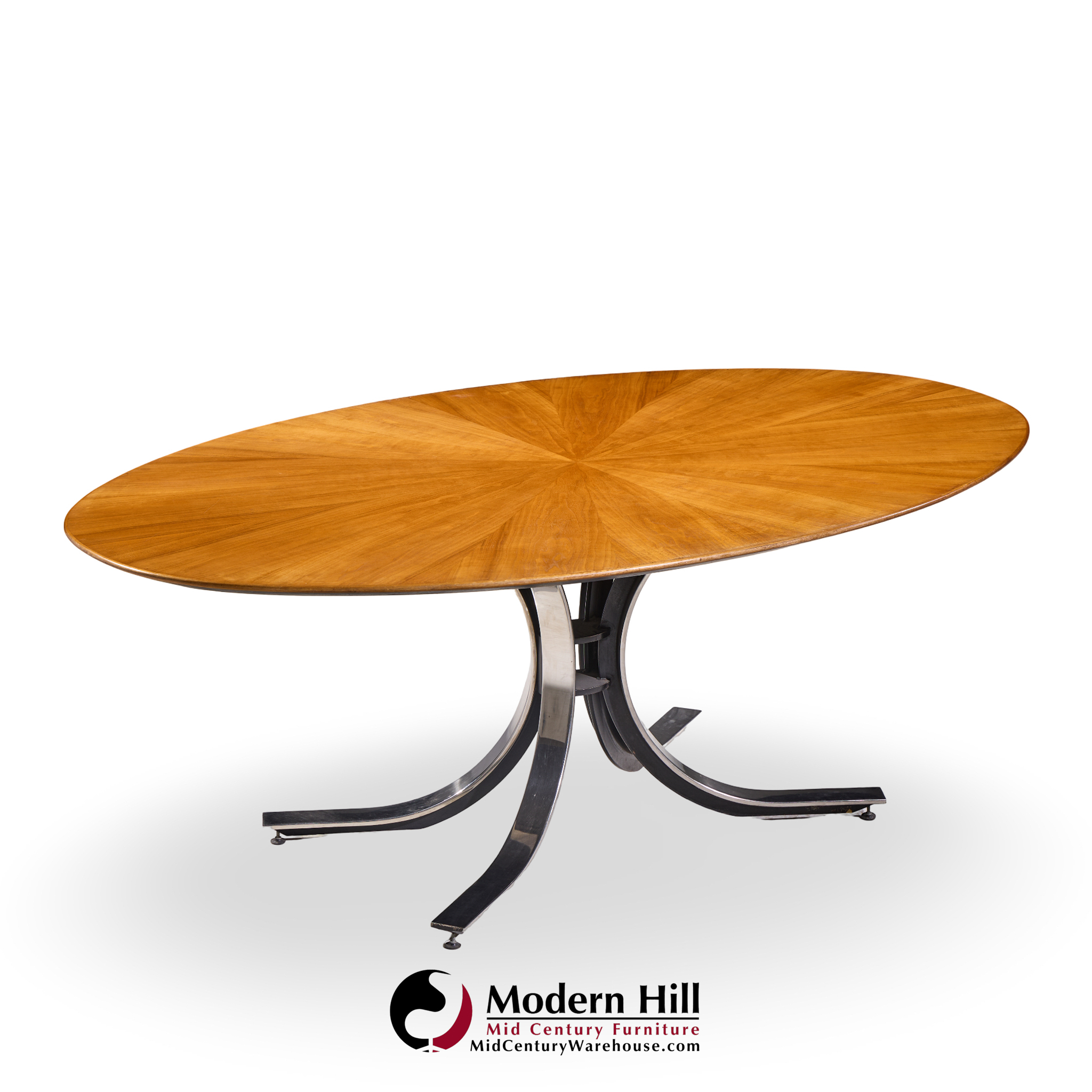Osvaldo Borsani for Stow & Davis Mid Century Starburst Walnut and Steel Oval Dining Table