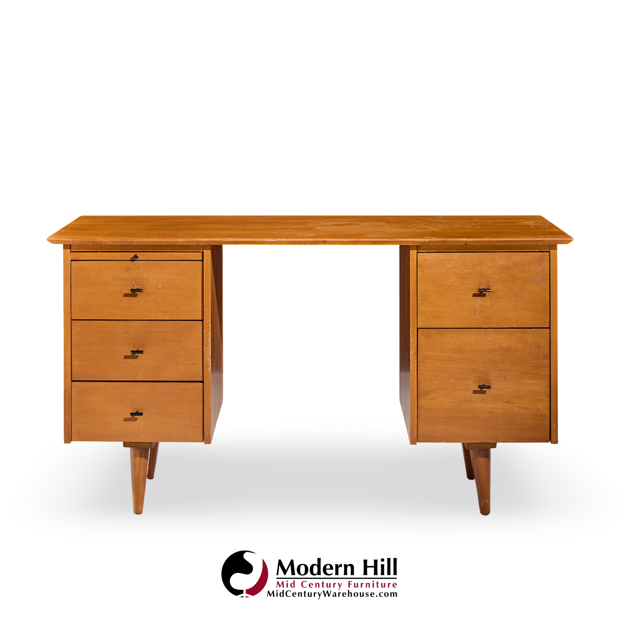 Paul Mccobb for Winchendon Mid Century Maple Double Pedestal Desk with T Pulls