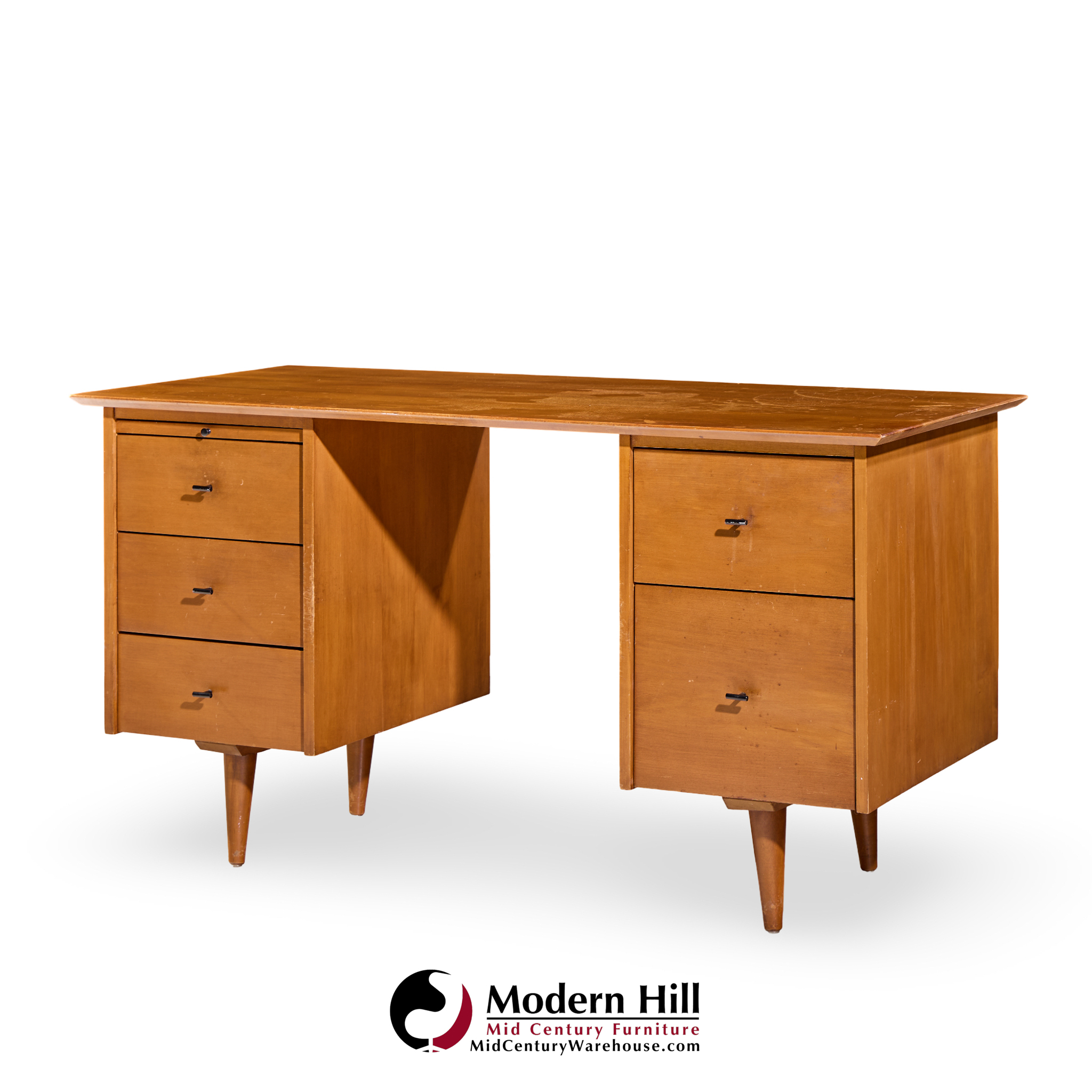 Paul Mccobb for Winchendon Mid Century Maple Double Pedestal Desk with T Pulls