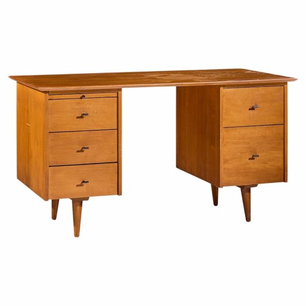 Paul Mccobb for Winchendon Mid Century Maple Double Pedestal Desk with T Pulls