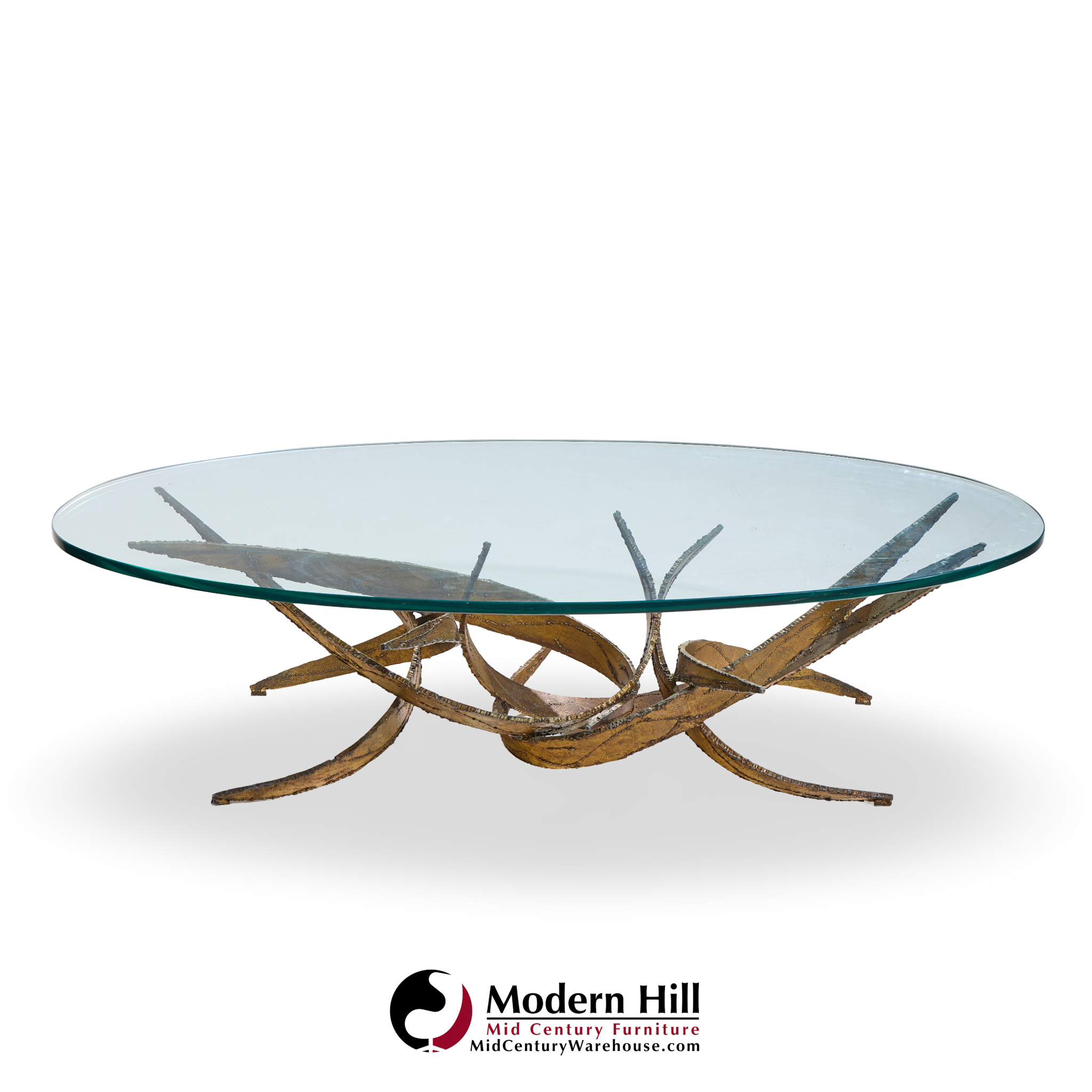 Silas Seandel Brutalist Mid Century Glass and Gilt Bronze Coffee Table