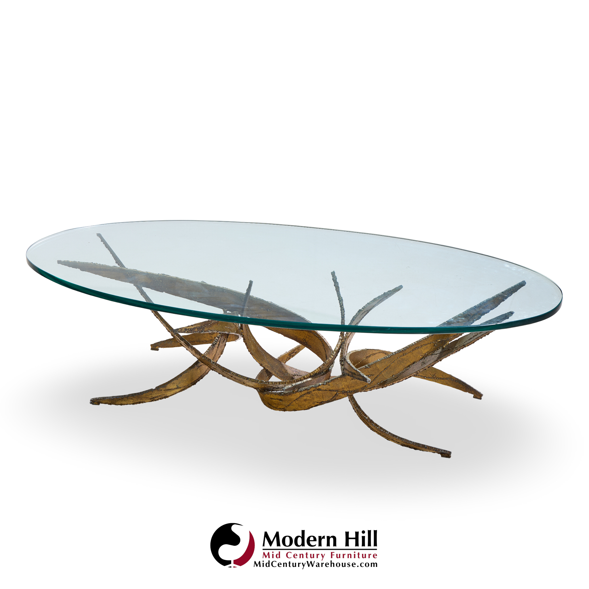 Silas Seandel Brutalist Mid Century Glass and Gilt Bronze Coffee Table