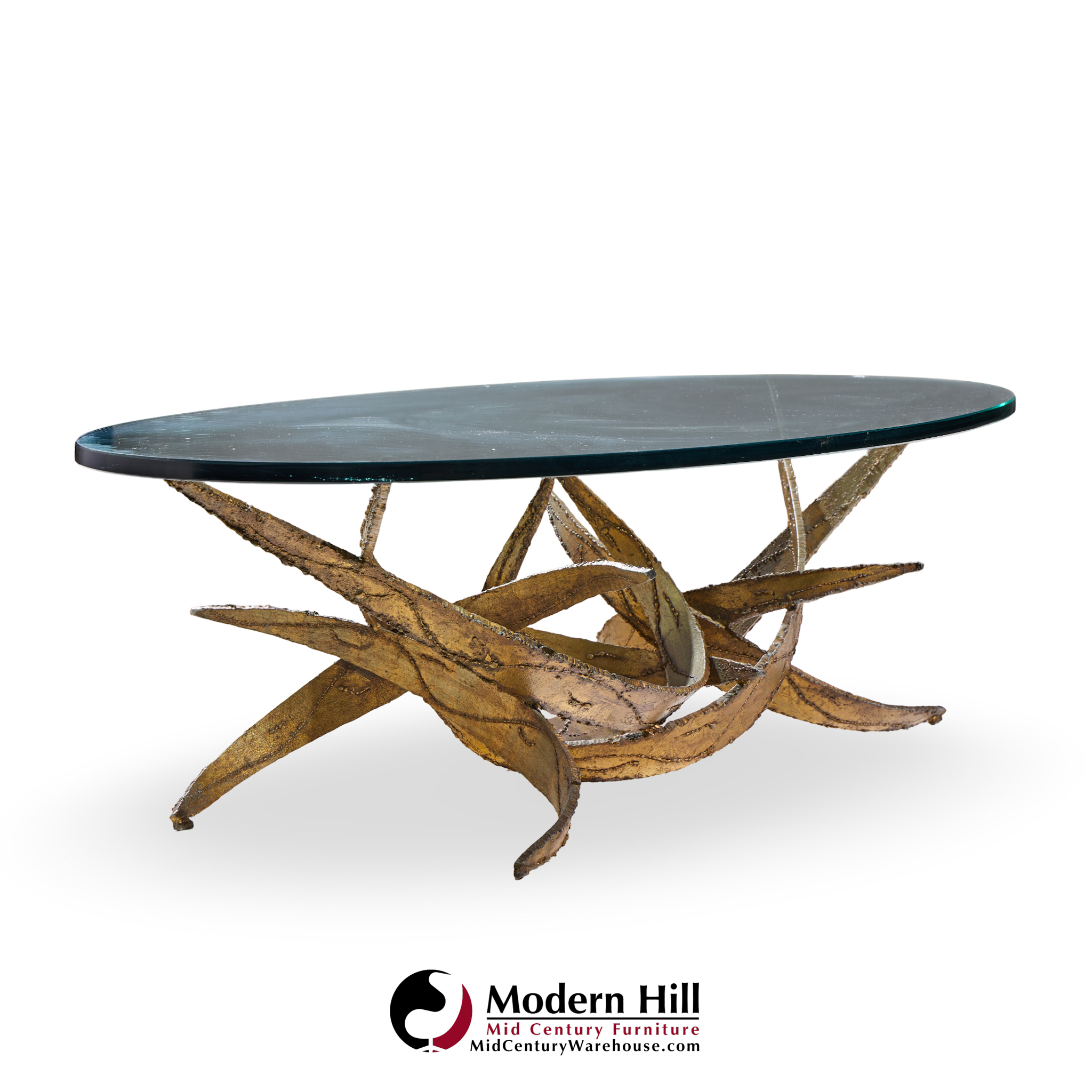 Silas Seandel Brutalist Mid Century Glass and Gilt Bronze Coffee Table