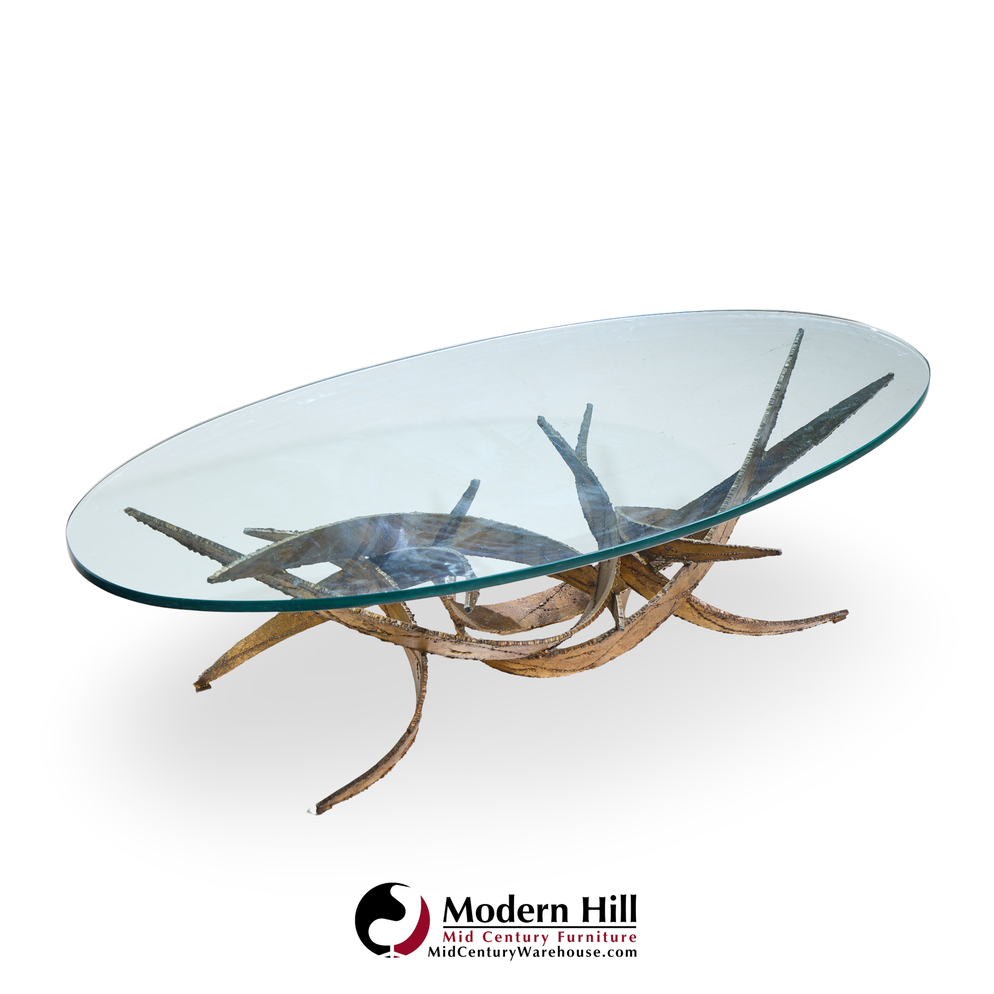 Silas Seandel Brutalist Mid Century Glass and Gilt Bronze Coffee Table