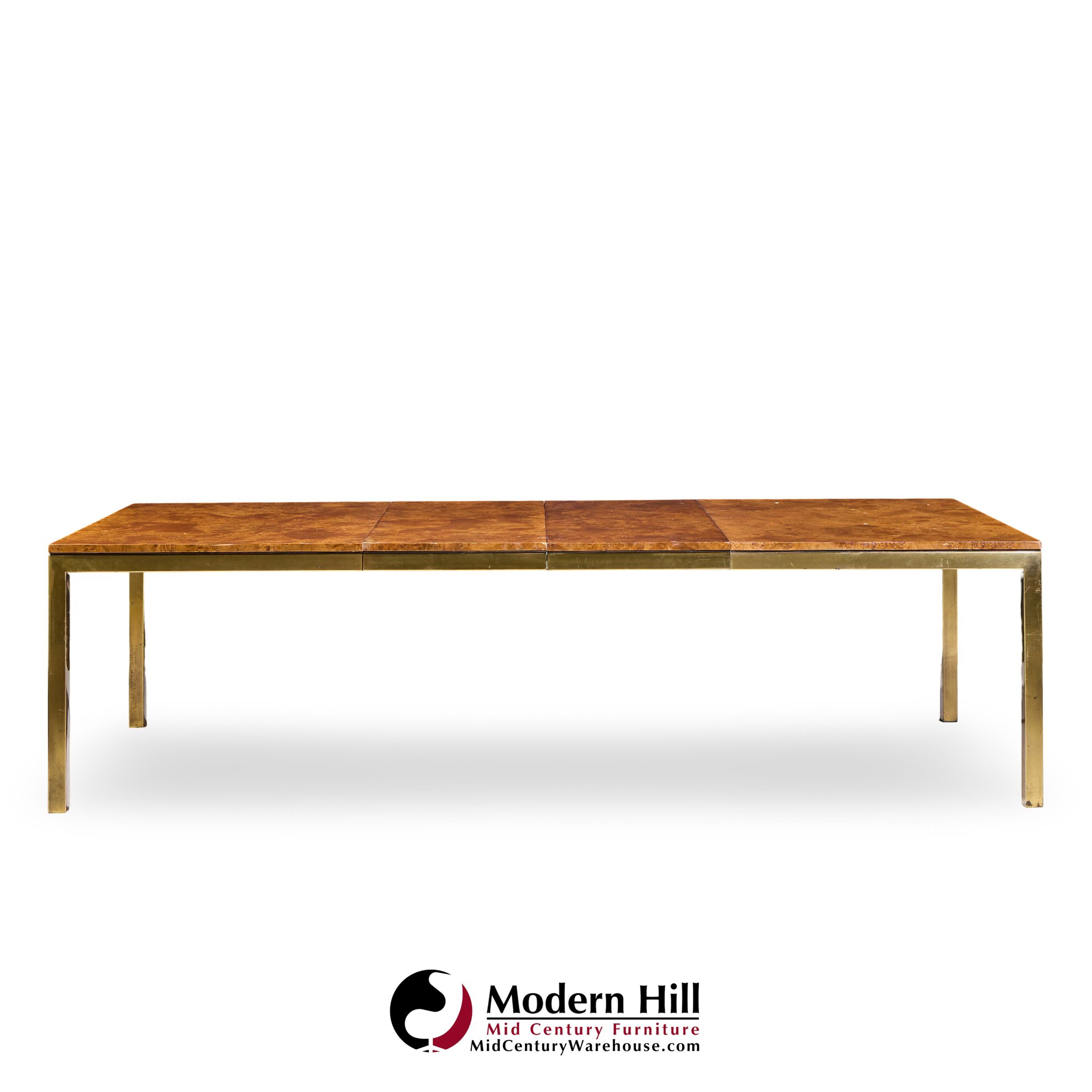 Tomlinson Mid Century Burlwood and Brass Expanding Dining Table with 2 Leaves