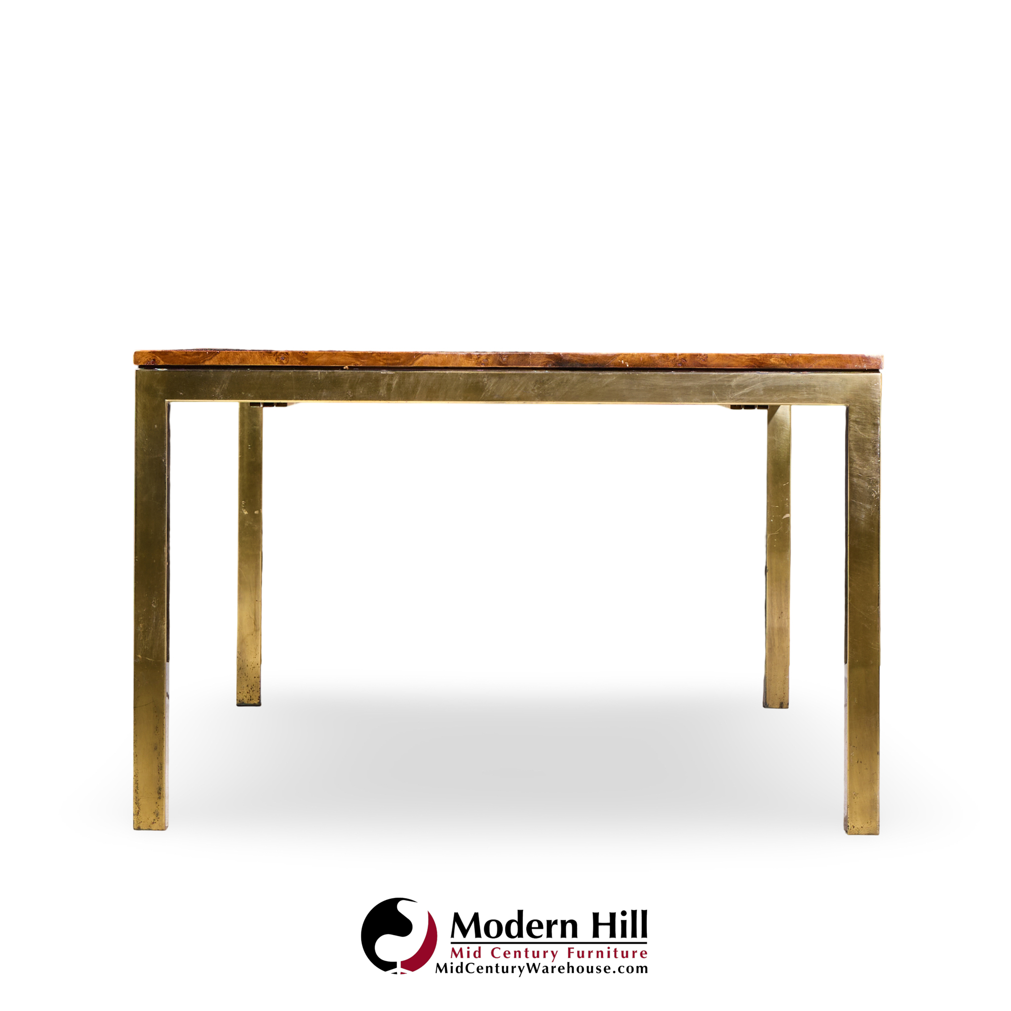 Tomlinson Mid Century Burlwood and Brass Expanding Dining Table with 2 Leaves