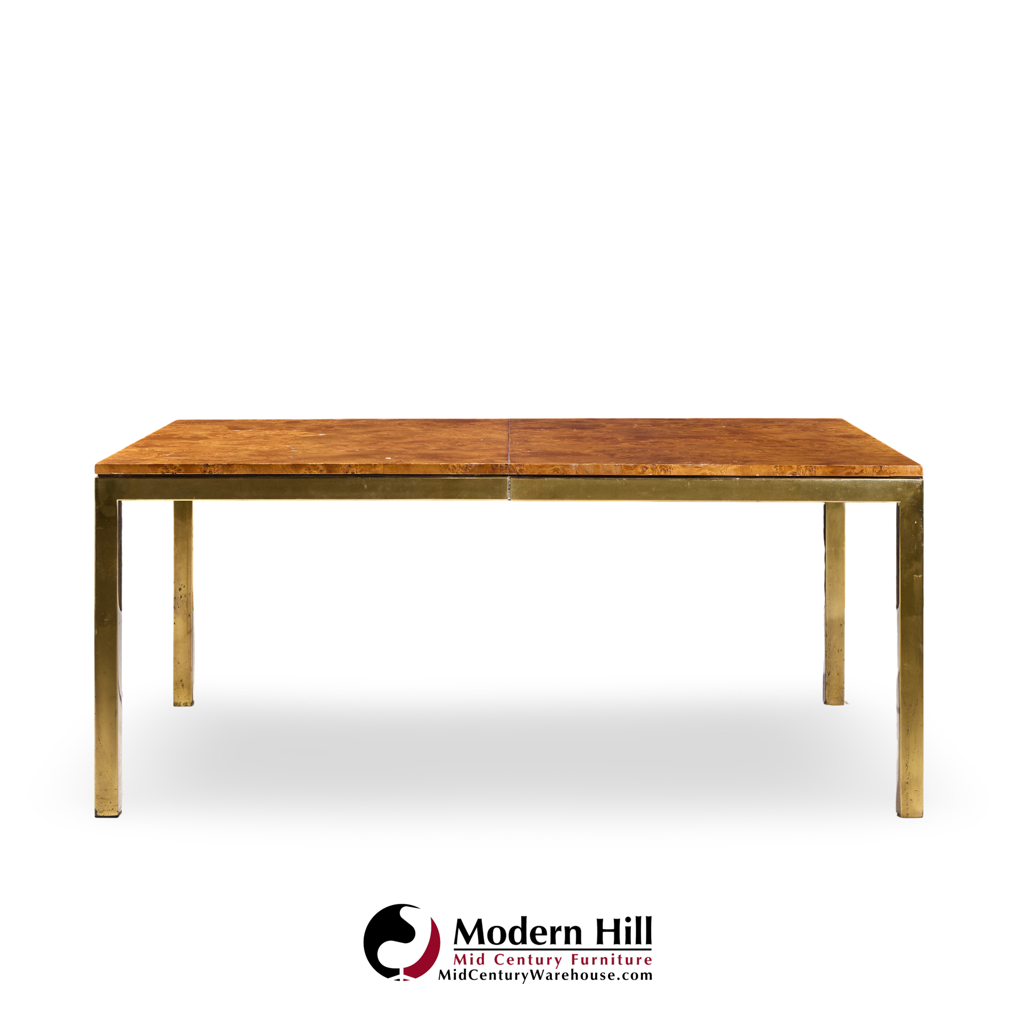 Tomlinson Mid Century Burlwood and Brass Expanding Dining Table with 2 Leaves