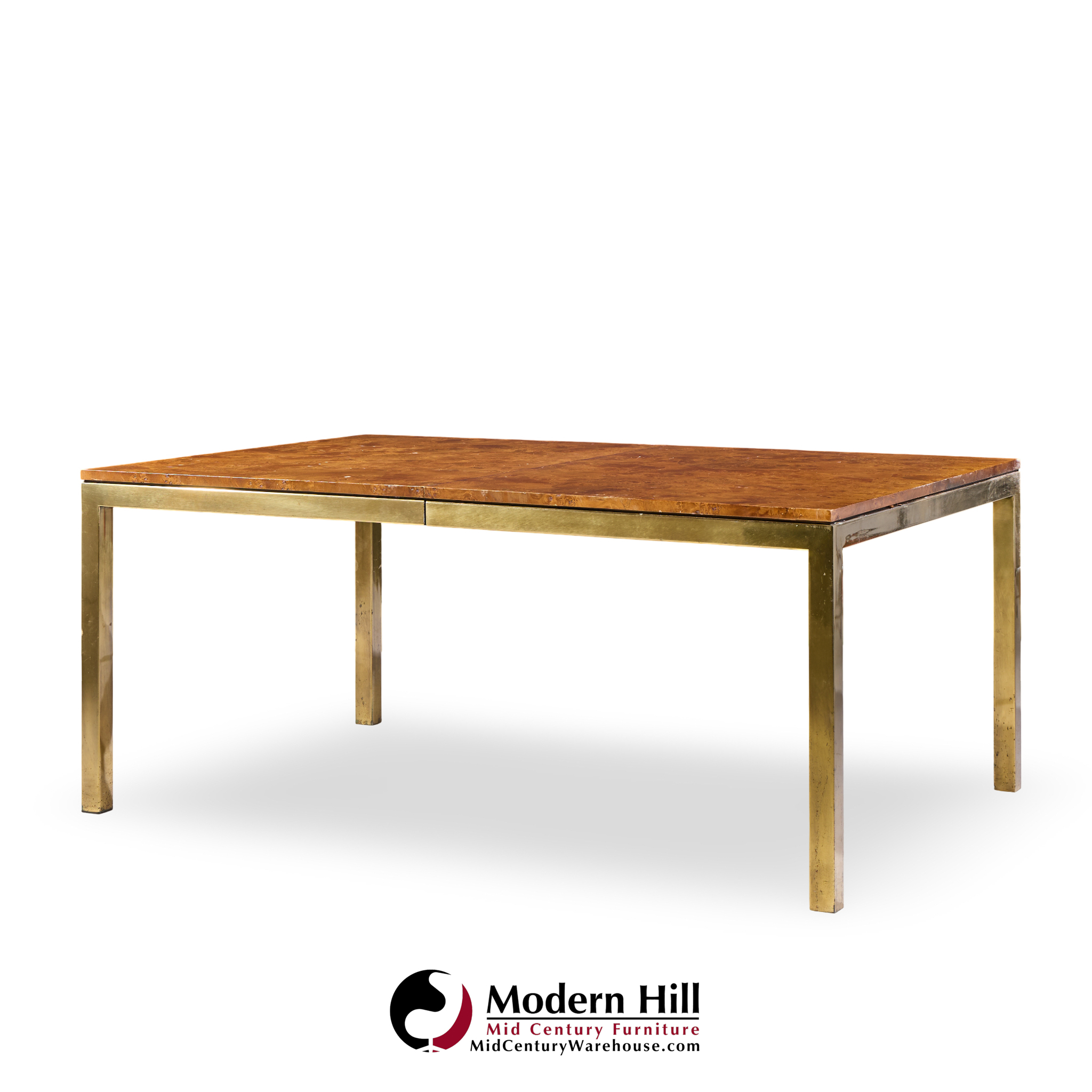 Tomlinson Mid Century Burlwood and Brass Expanding Dining Table with 2 Leaves
