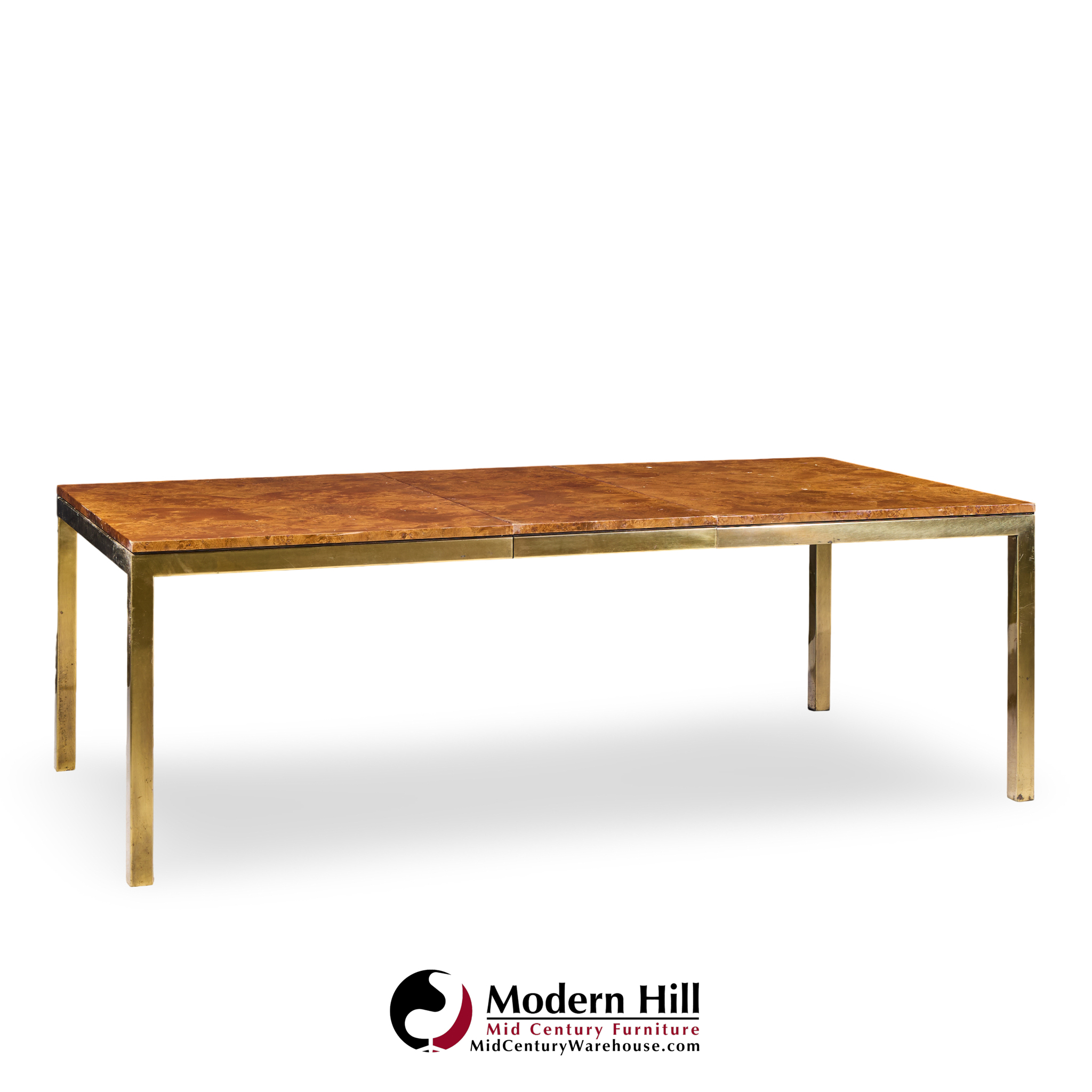 Tomlinson Mid Century Burlwood and Brass Expanding Dining Table with 2 Leaves