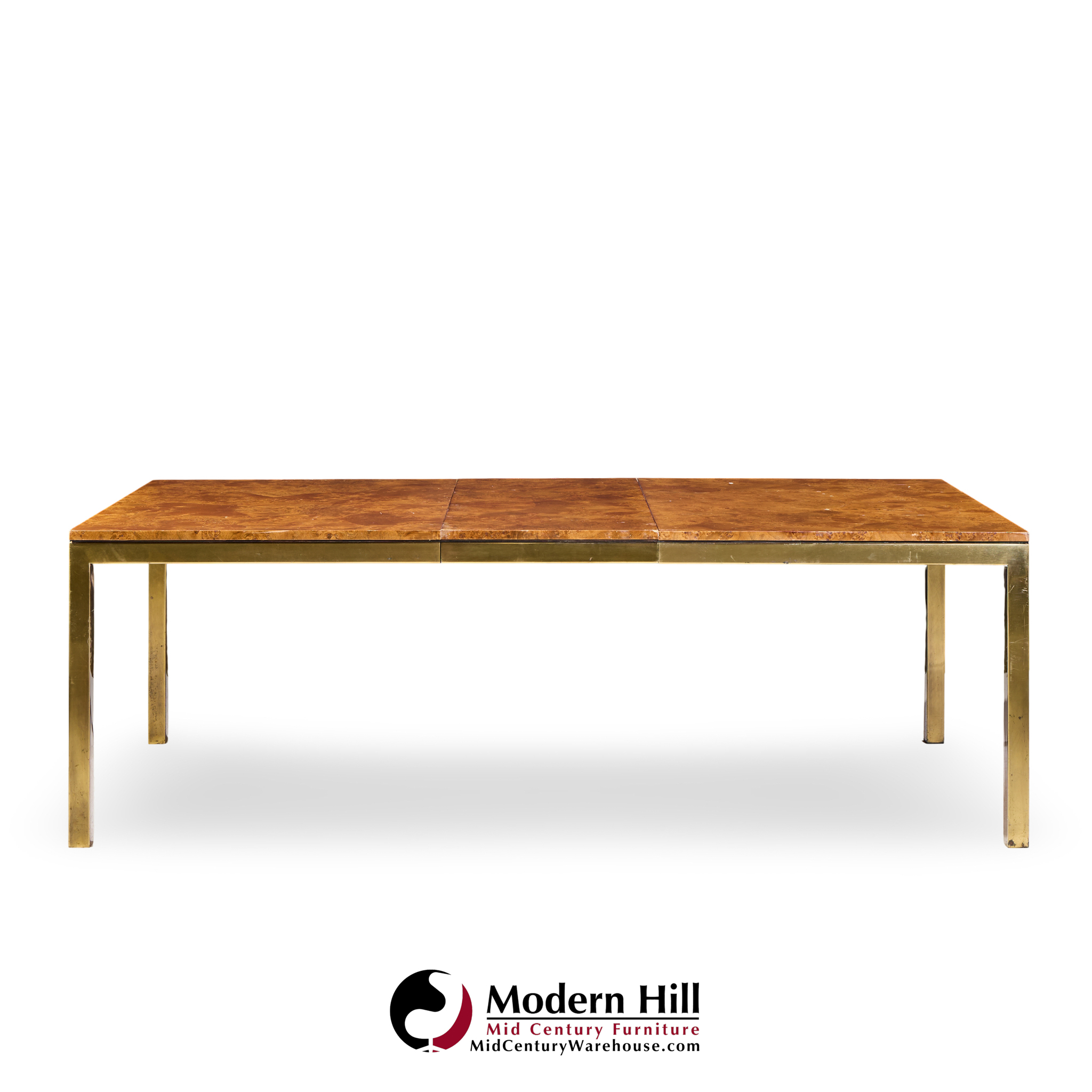 Tomlinson Mid Century Burlwood and Brass Expanding Dining Table with 2 Leaves