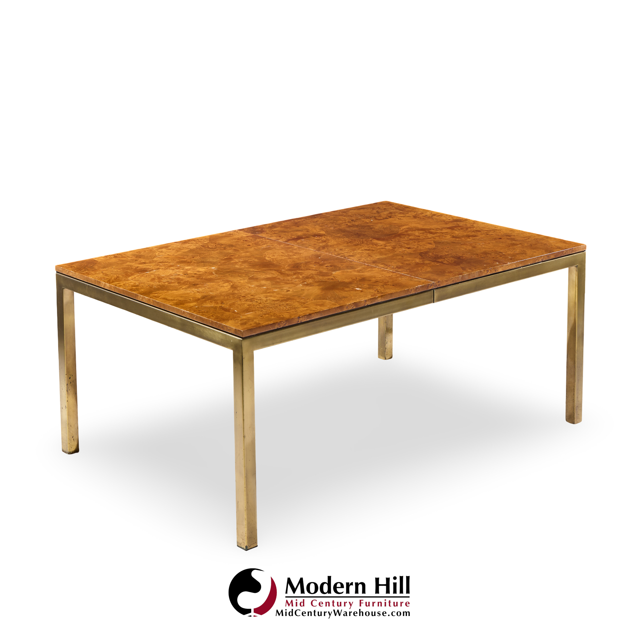Tomlinson Mid Century Burlwood and Brass Expanding Dining Table with 2 Leaves