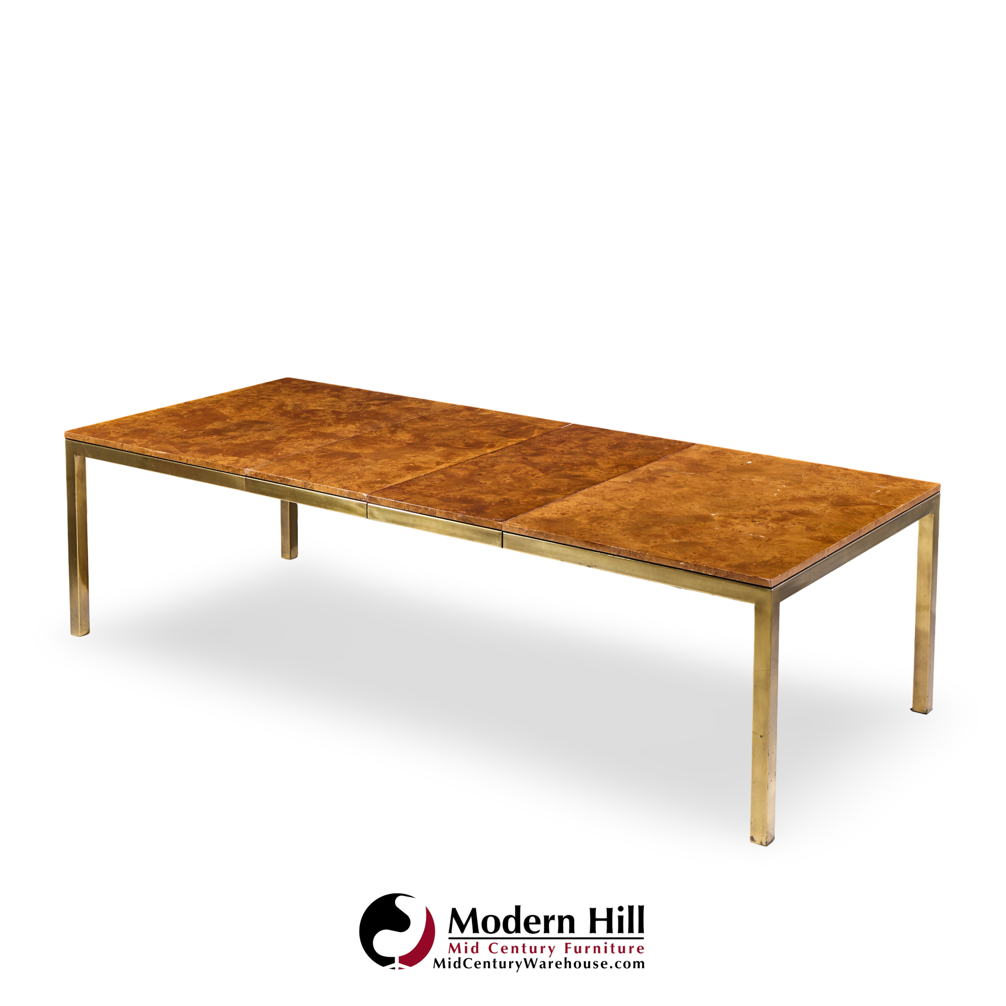 Tomlinson Mid Century Burlwood and Brass Expanding Dining Table with 2 Leaves