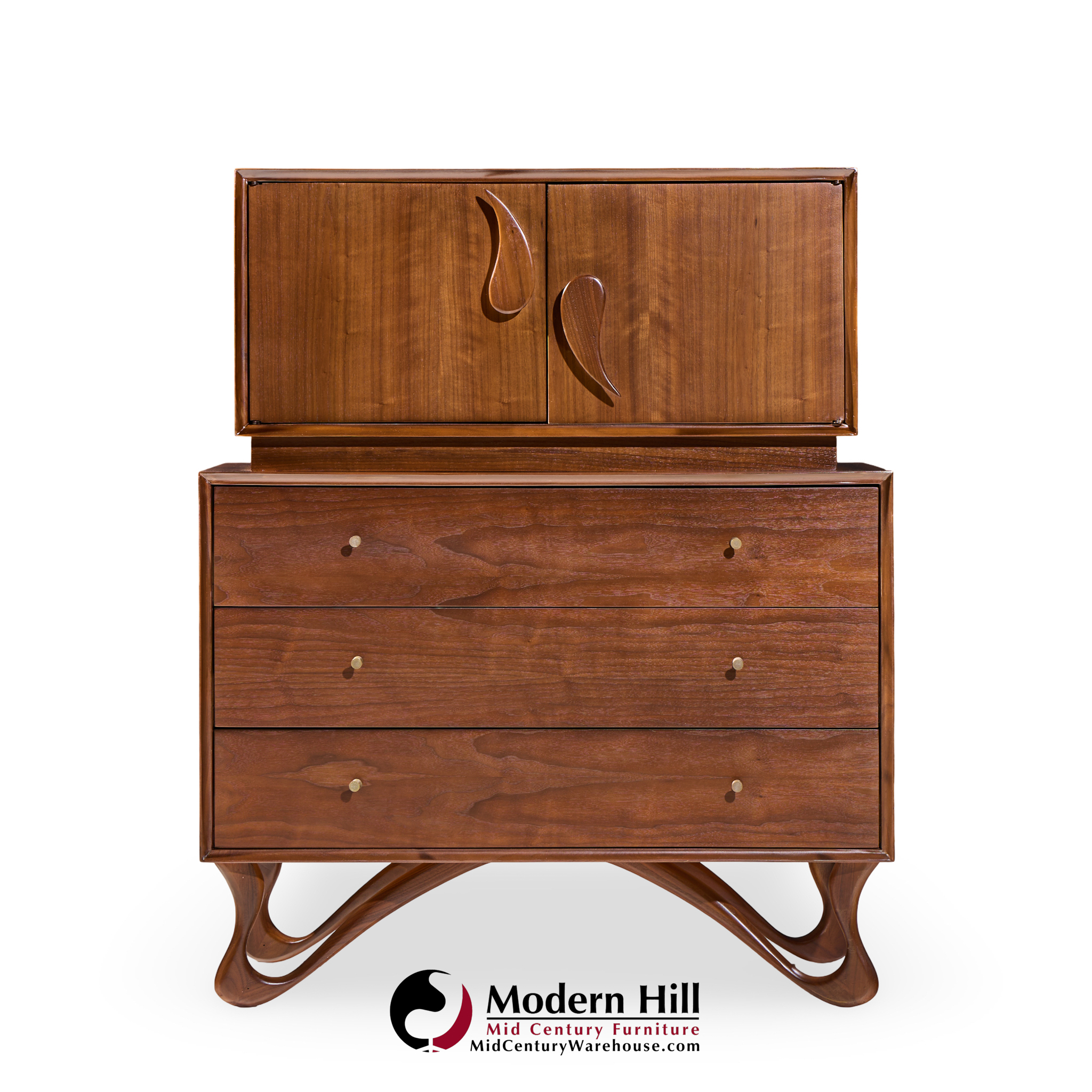 Vladimir Kagan Style Mid Century Sculpted Walnut Highboy Dresser