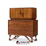 Vladimir Kagan Style Mid Century Sculpted Walnut Highboy Dresser