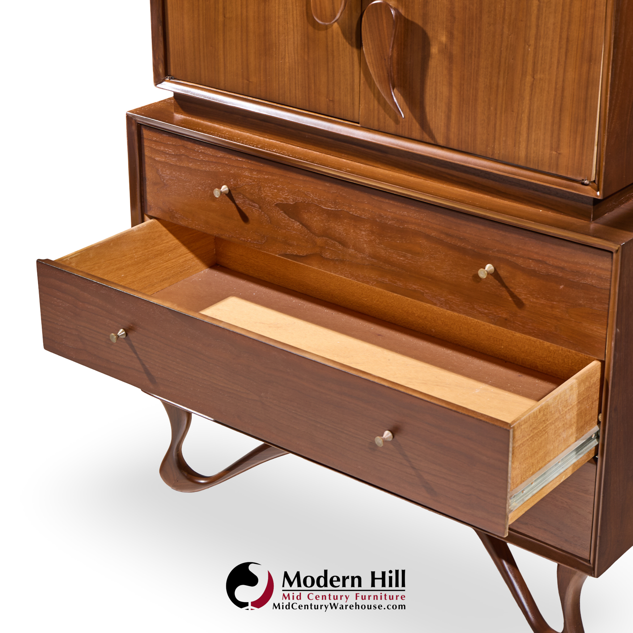 Vladimir Kagan Style Mid Century Sculpted Walnut Highboy Dresser