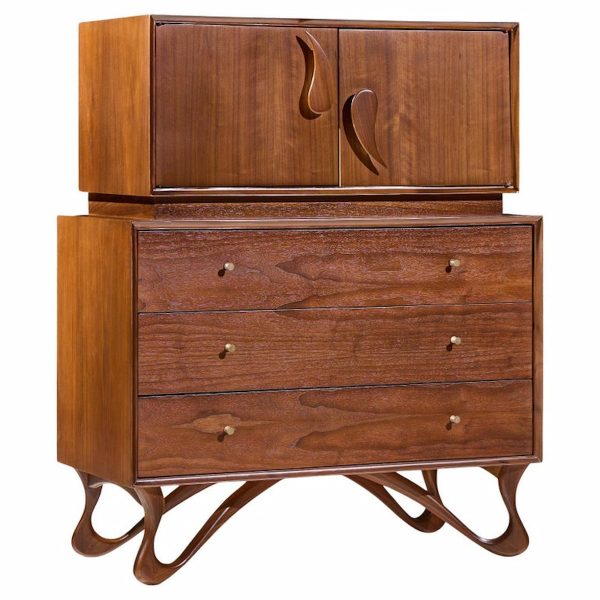 Vladimir Kagan Style Mid Century Sculpted Walnut Highboy Dresser
