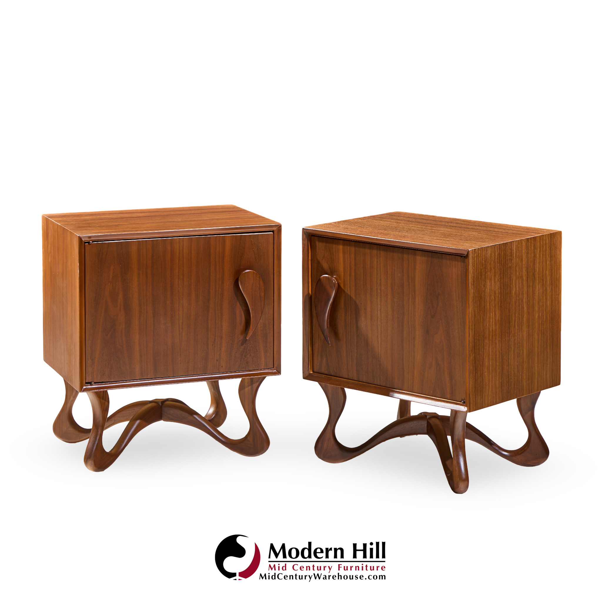 Vladimir Kagan Style Mid Century Sculpted Walnut Nightstands - Pair