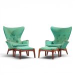 Adrian Pearsall for Craft Associates Mid Century Model 2231 Walnut Lounge Chairs - Pair with Ottomans