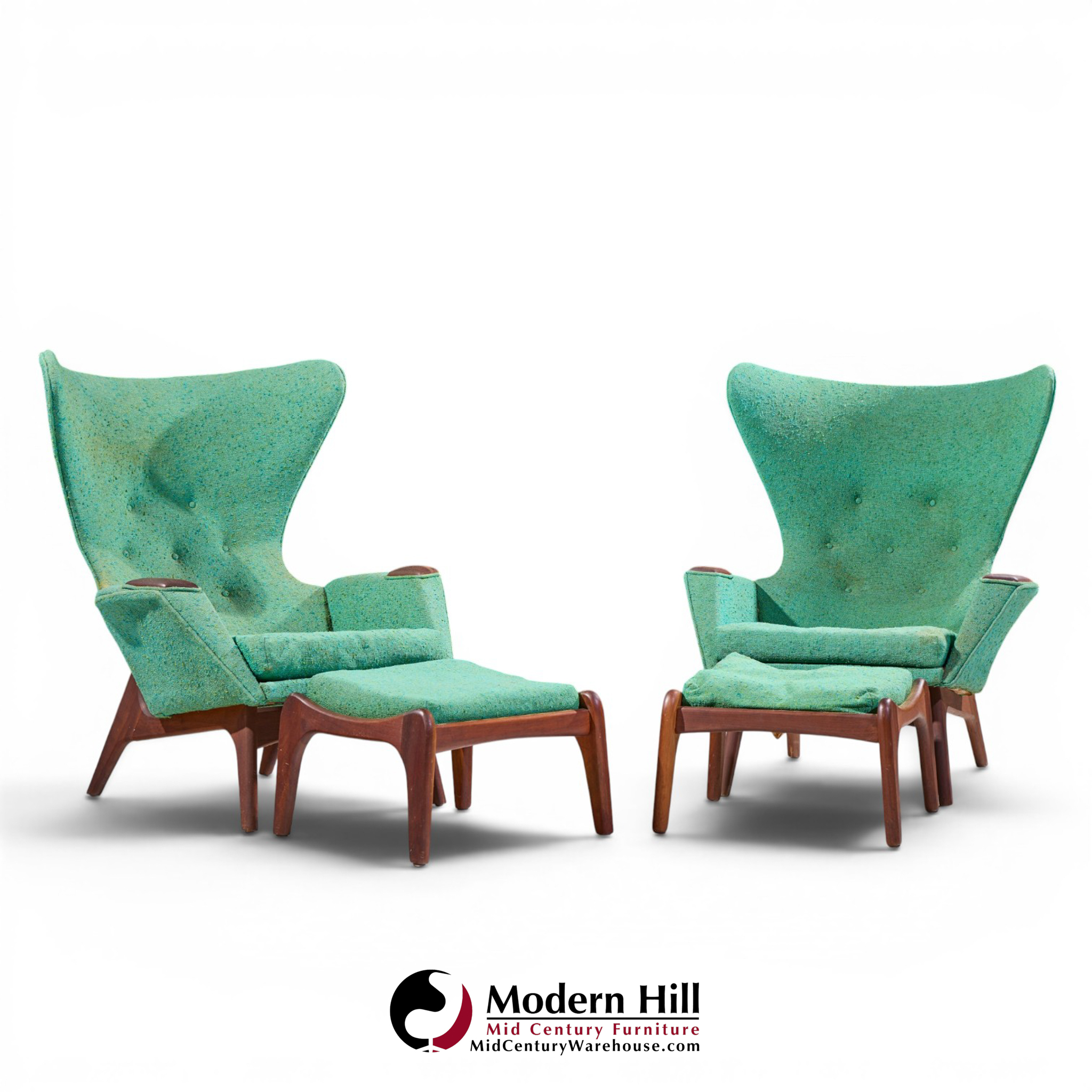 Adrian Pearsall for Craft Associates Mid Century Model 2231 Walnut Lounge Chairs - Pair with Ottomans