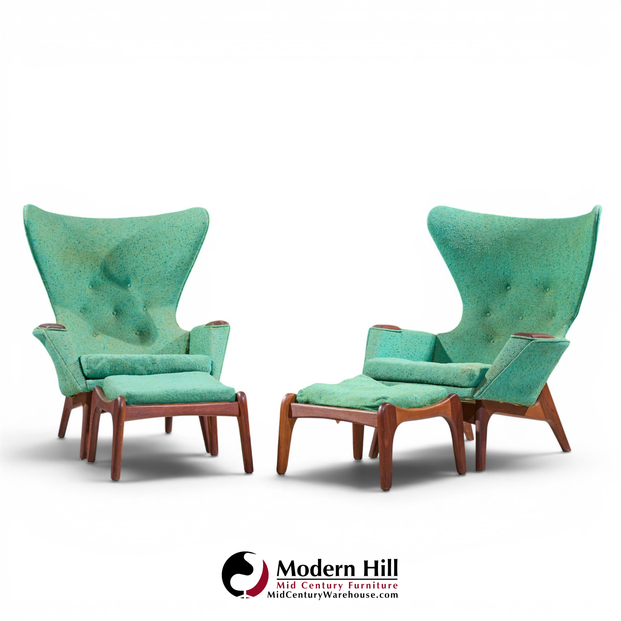 Adrian Pearsall for Craft Associates Mid Century Model 2231 Walnut Lounge Chairs - Pair with Ottomans