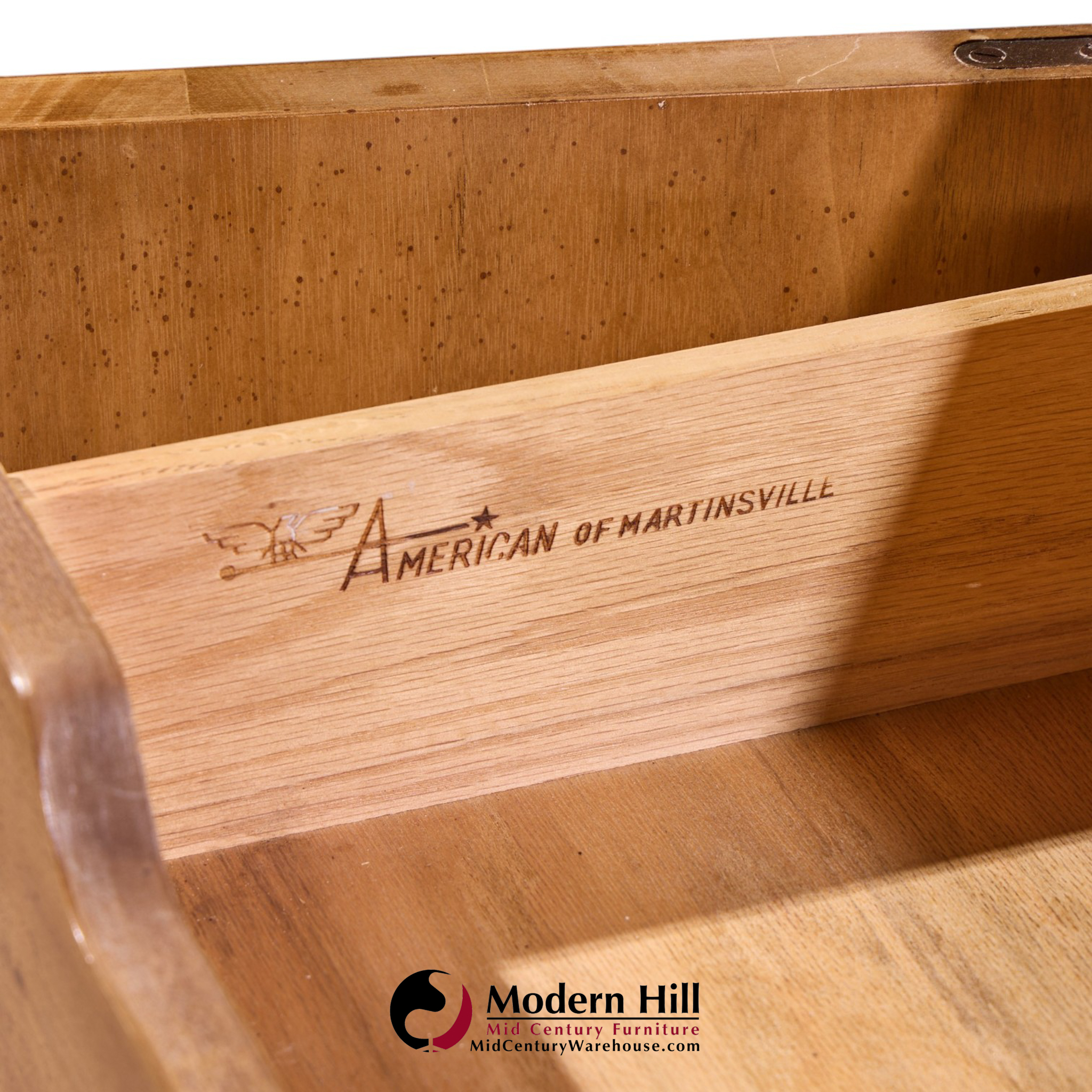 American of Martinsville Mid Century Walnut, Burlwood and Brass Credenza