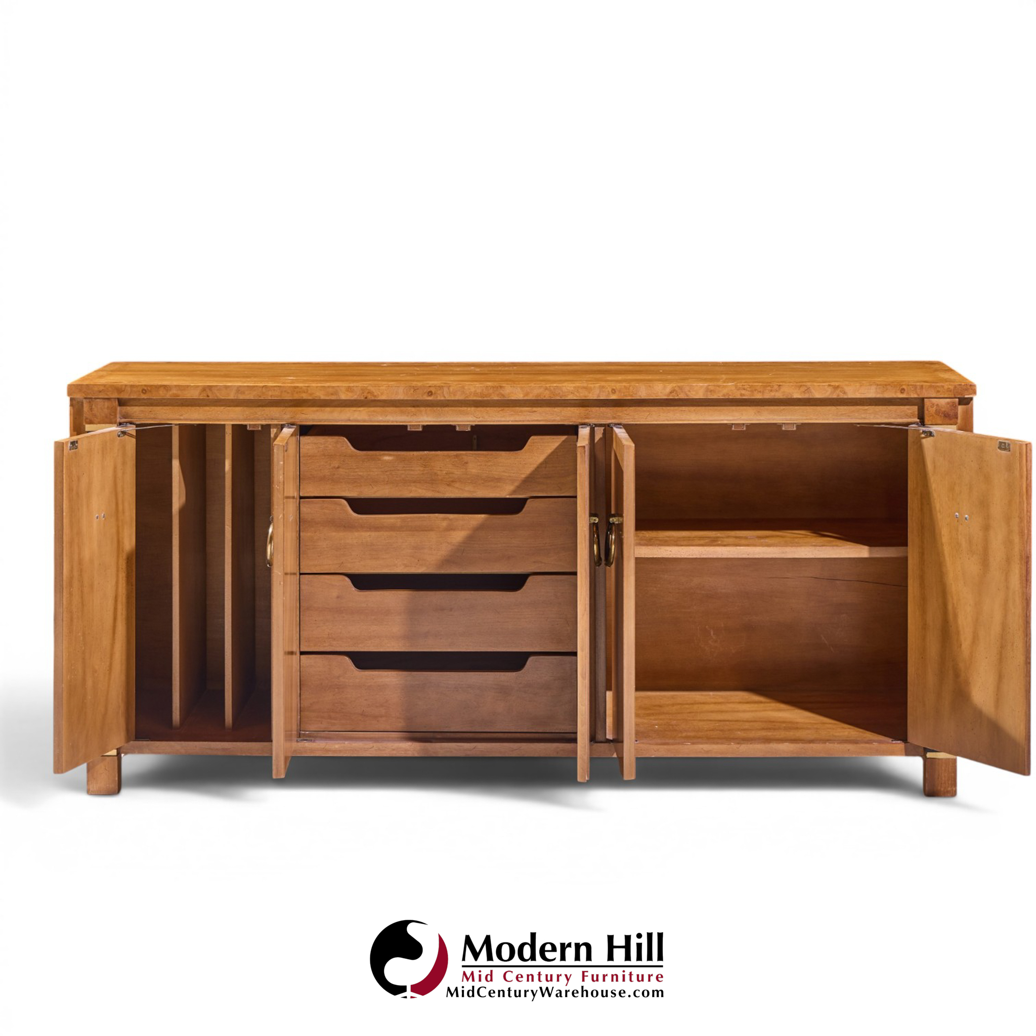 American of Martinsville Mid Century Walnut, Burlwood and Brass Credenza