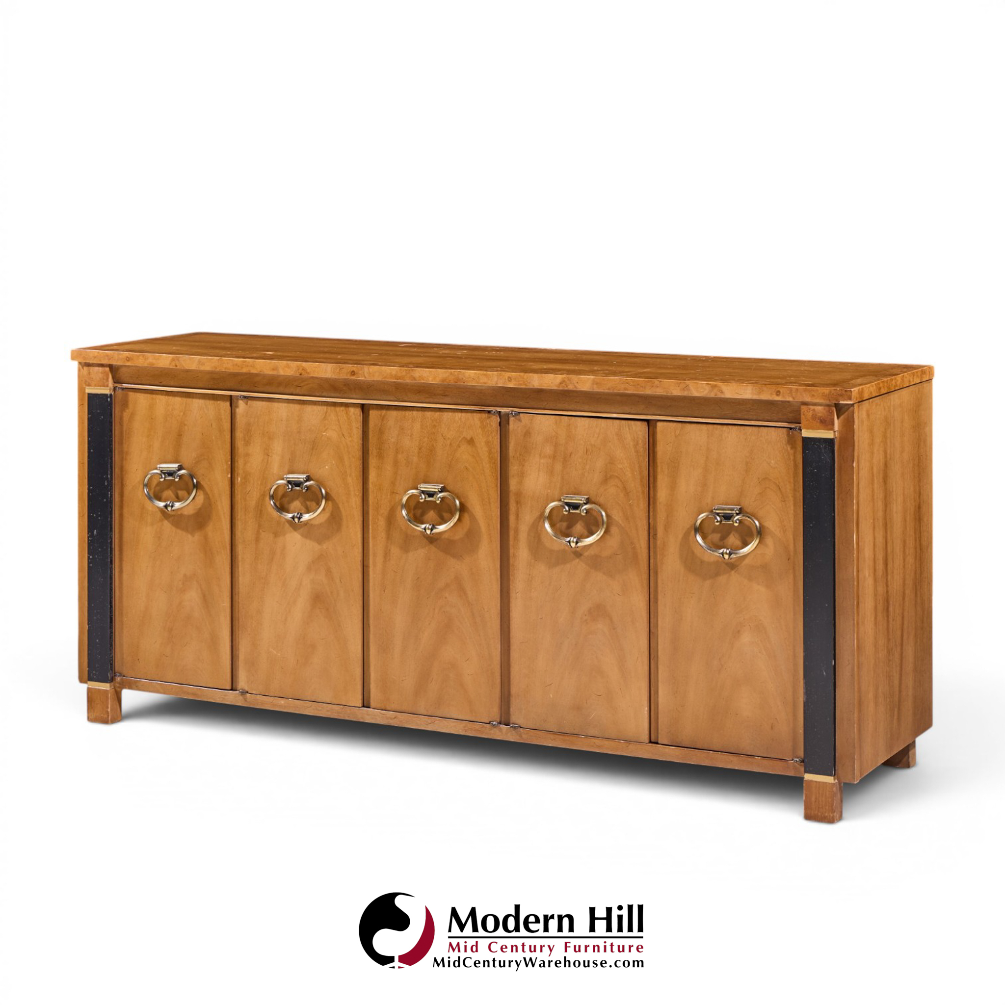 American of Martinsville Mid Century Walnut, Burlwood and Brass Credenza