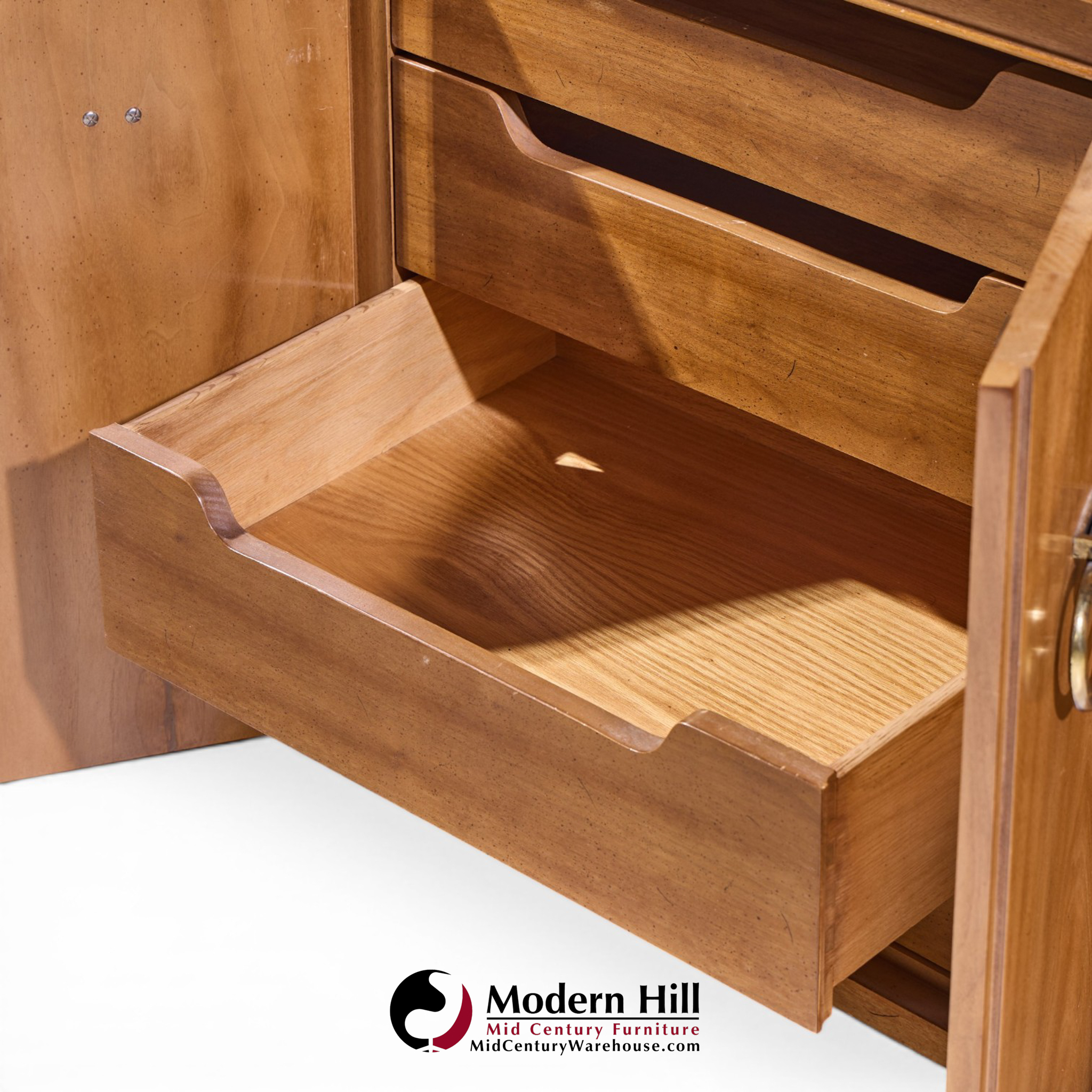 American of Martinsville Mid Century Walnut, Burlwood and Brass Credenza