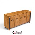 American of Martinsville Mid Century Walnut, Burlwood and Brass Credenza