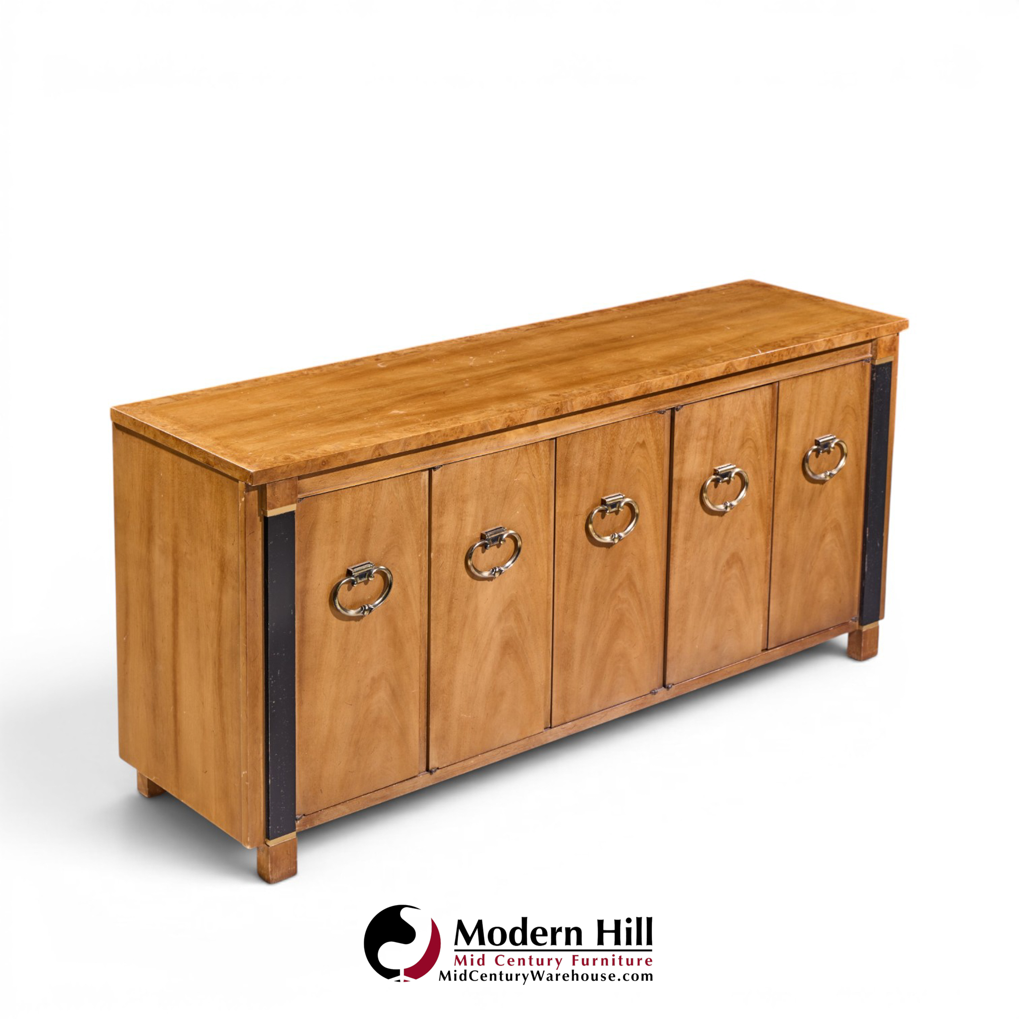 American of Martinsville Mid Century Walnut, Burlwood and Brass Credenza