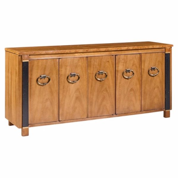American of Martinsville Mid Century Walnut, Burlwood and Brass Credenza