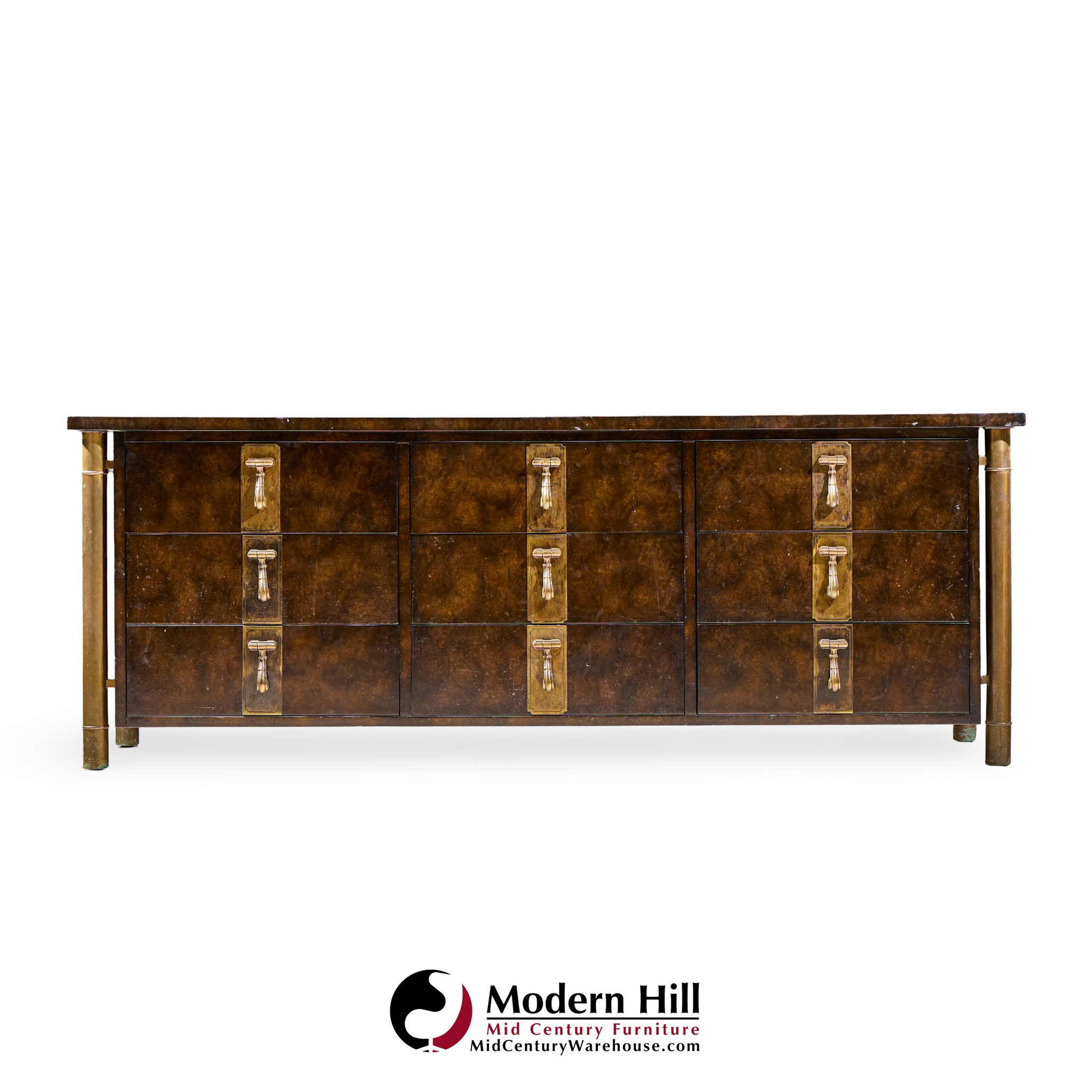 Bernhard Rohne for Mastercraft Mid Century Burlwood and Brass Lowboy Dresser