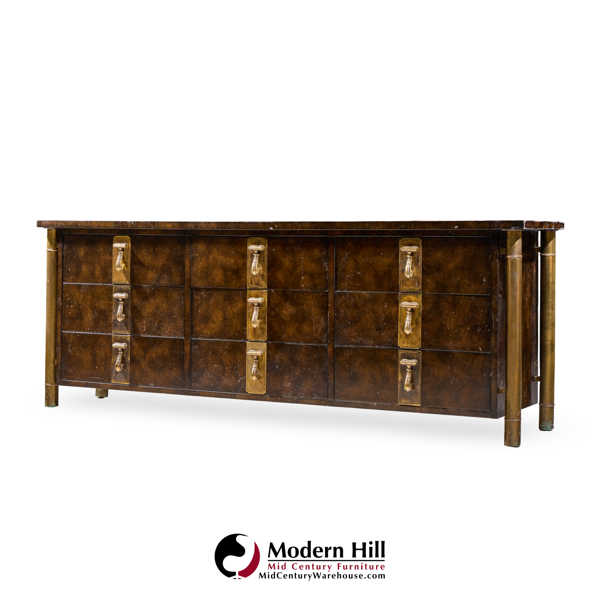 Bernhard Rohne for Mastercraft Mid Century Burlwood and Brass Lowboy Dresser