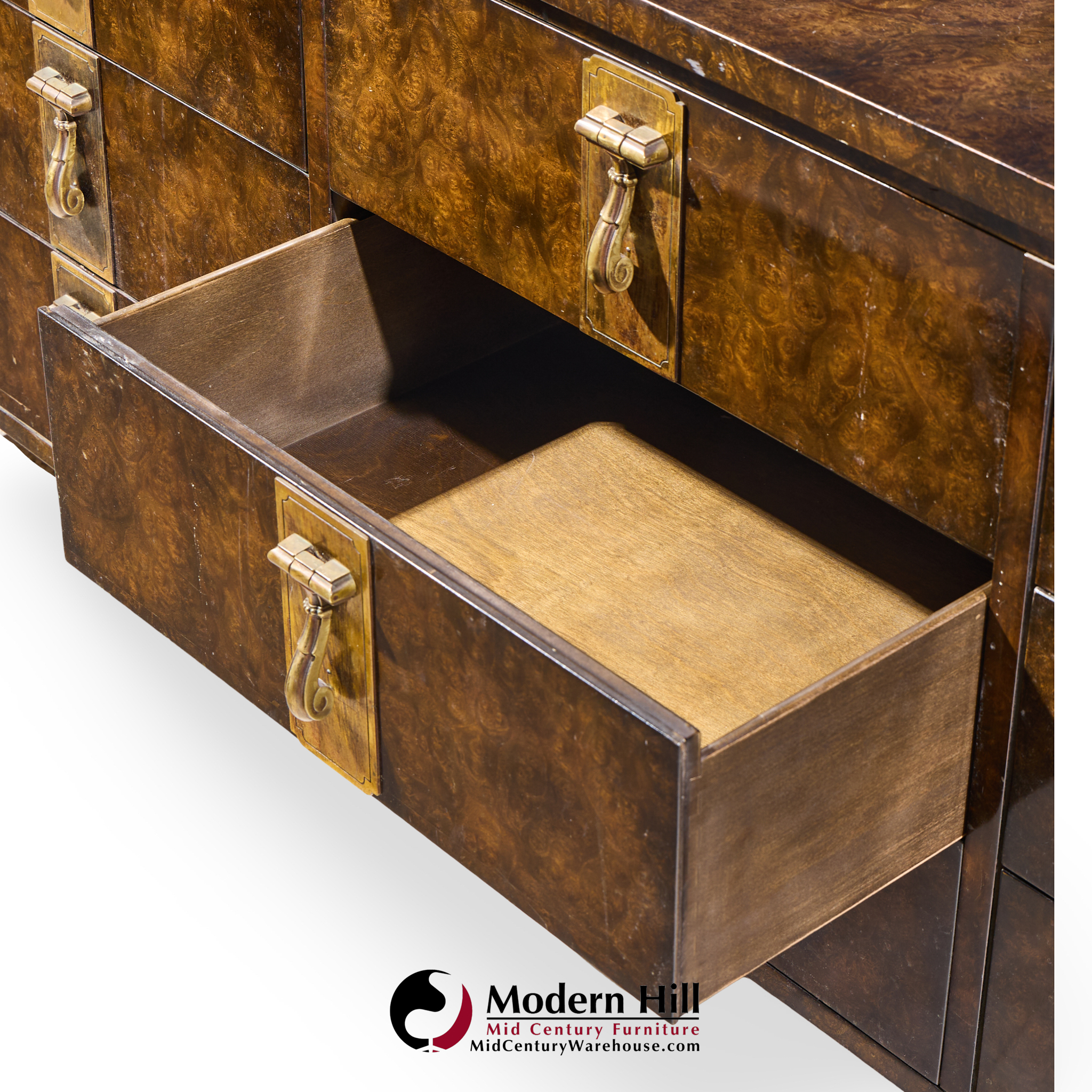 Bernhard Rohne for Mastercraft Mid Century Burlwood and Brass Lowboy Dresser