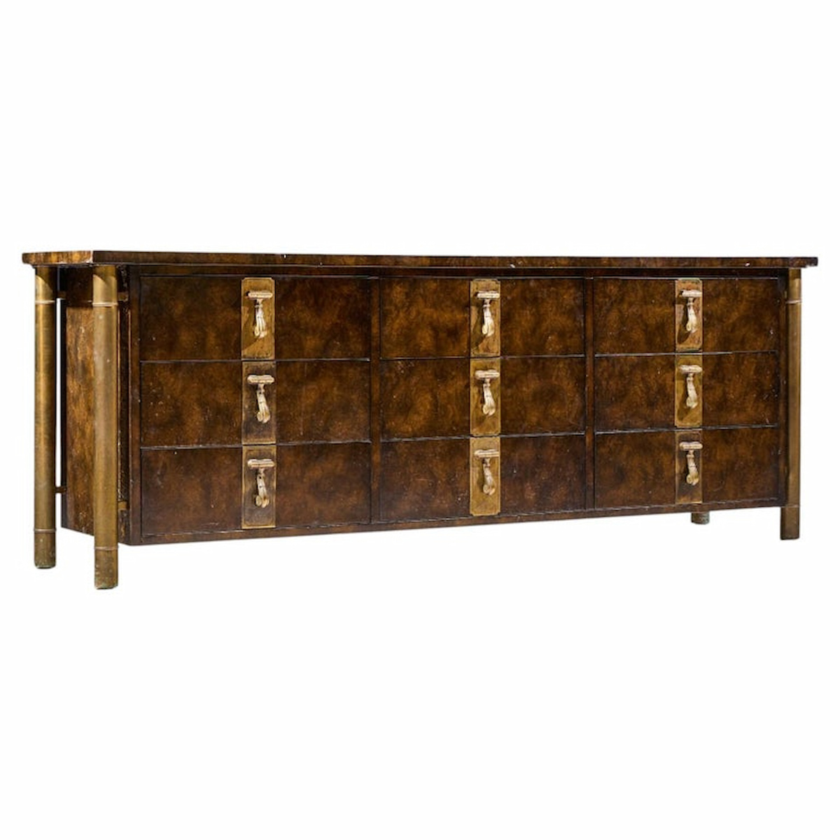 bernhard rohne for mastercraft mid century burlwood and brass lowboy dresser