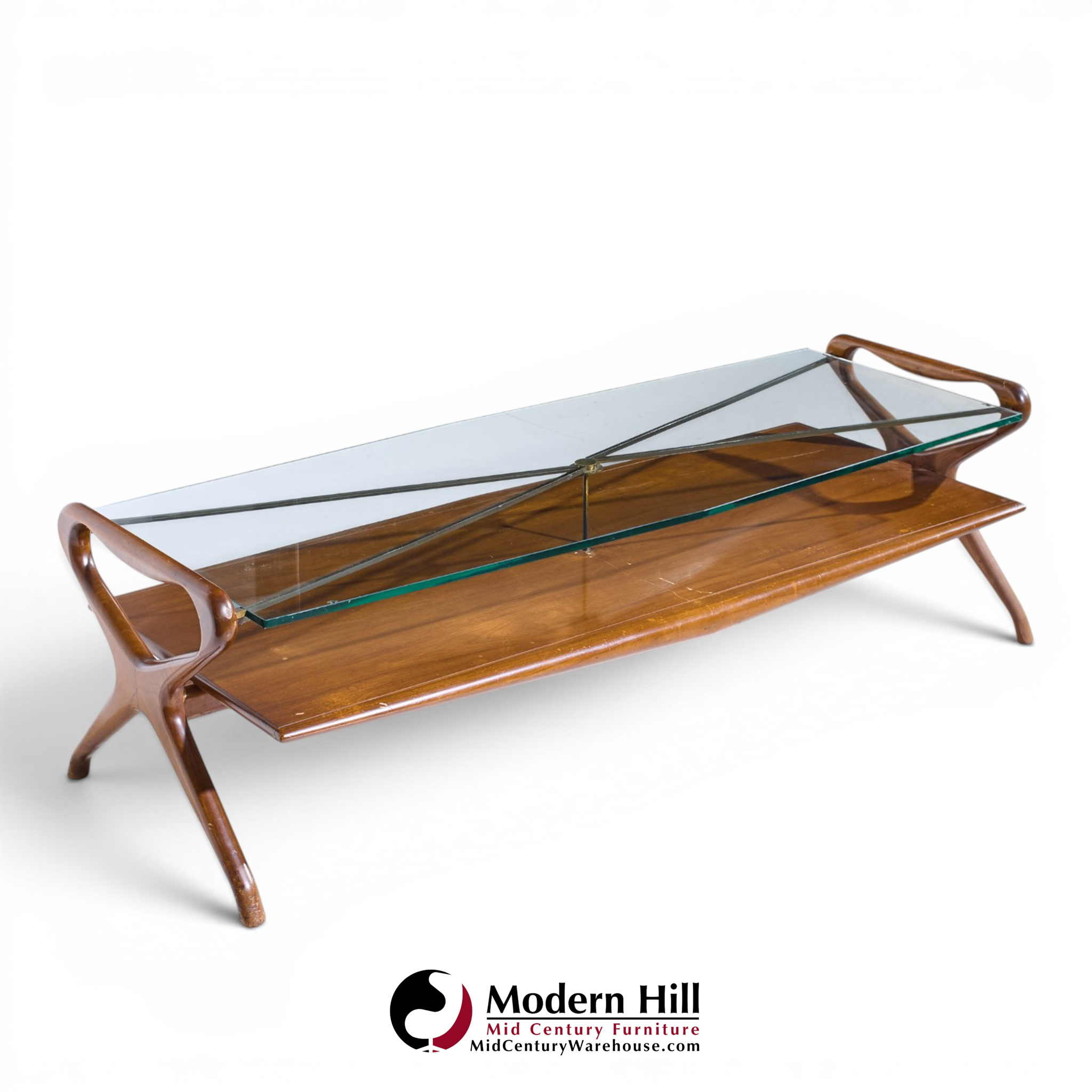 cesare lacca style mid century italian walnut and brass coffee table