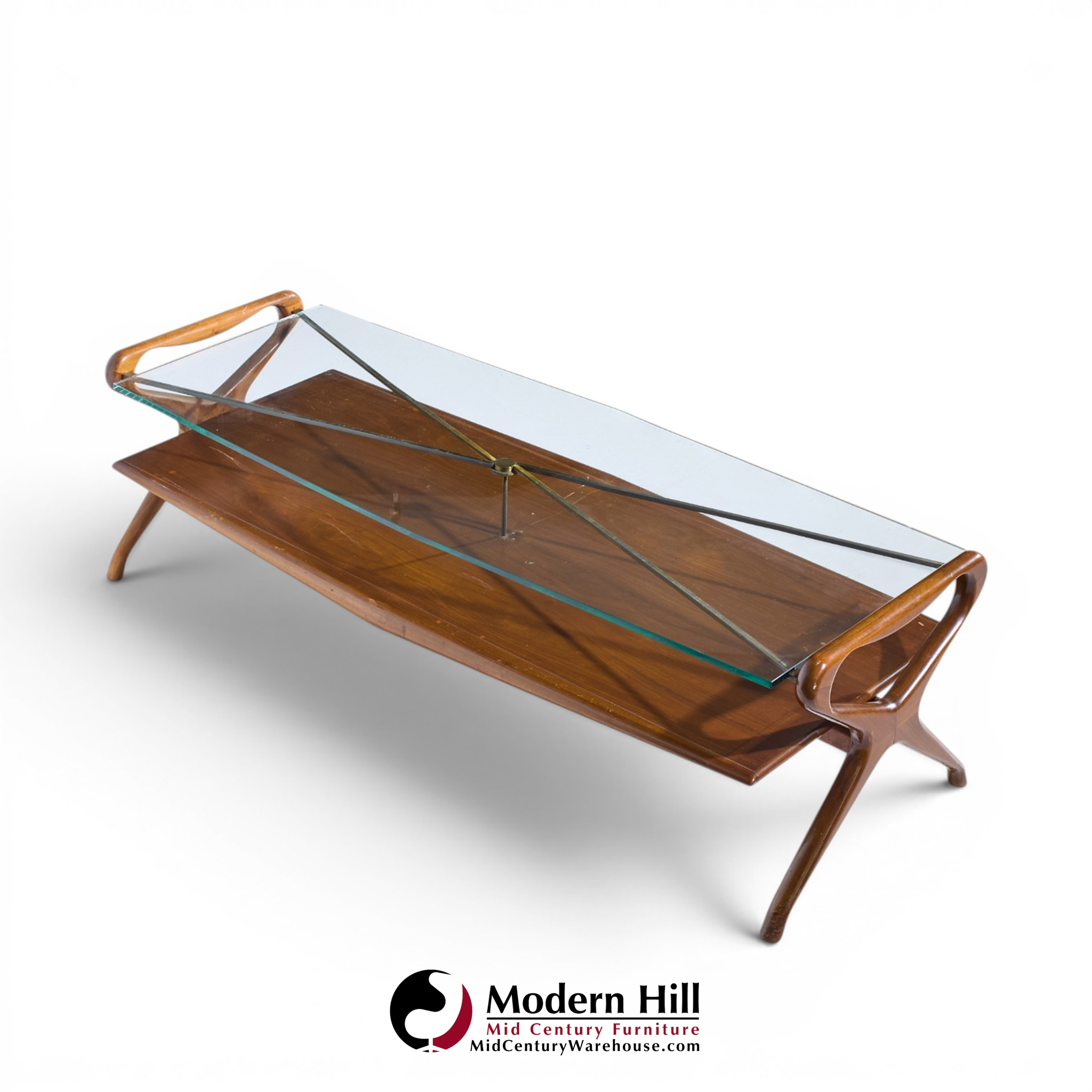 cesare lacca style mid century italian walnut and brass coffee table