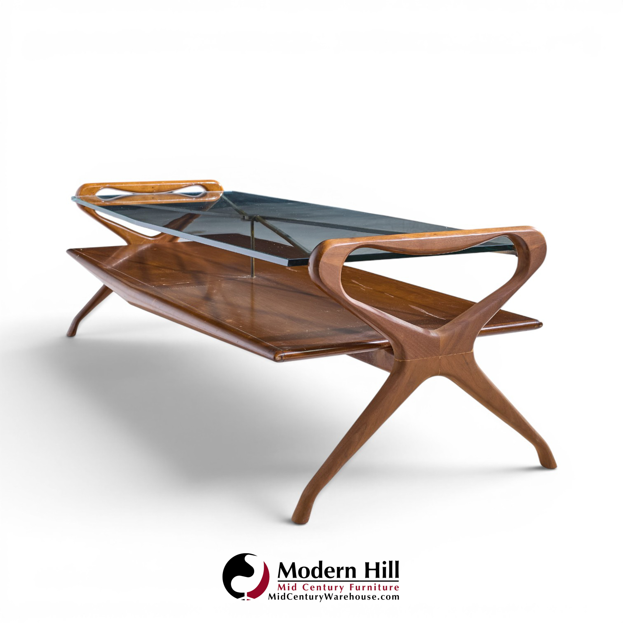 cesare lacca style mid century italian walnut and brass coffee table