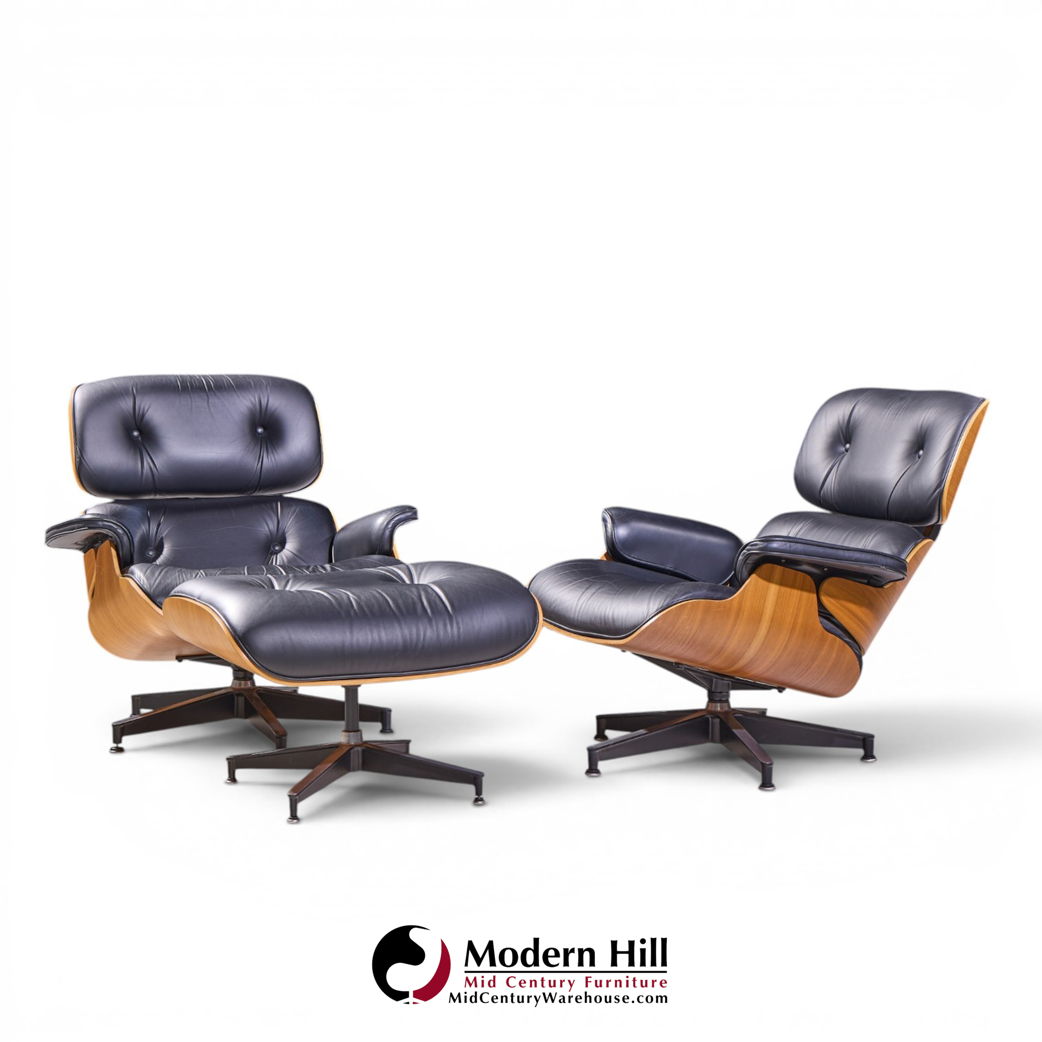 Charles and Ray Eames for Herman Miller Mid Century Eames Walnut Lounge Chairs - Pair with Ottoman