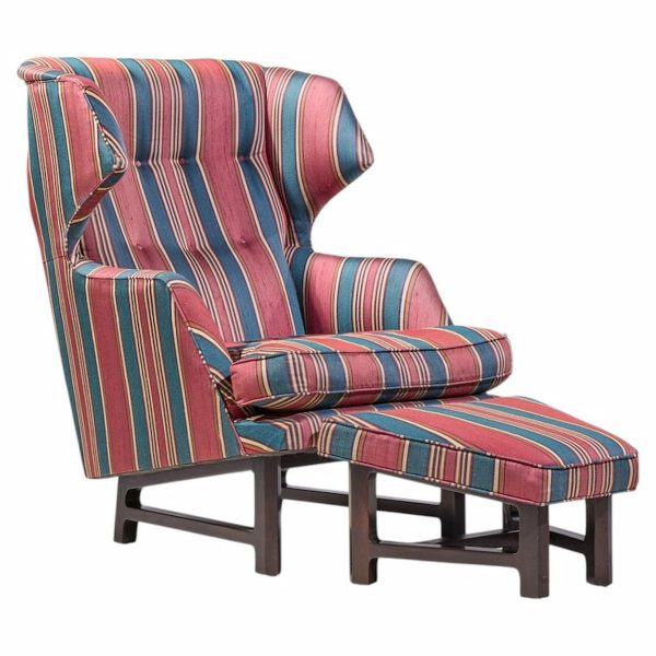 Edward Wormley for Dunbar Janus Mid Century Wingback Mahogany Lounge Chair and Ottoman