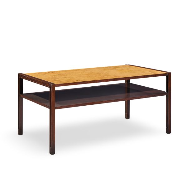 Edward Wormley for Dunbar Mid Century 2-tier Burlwood and Mahogany Coffee Table