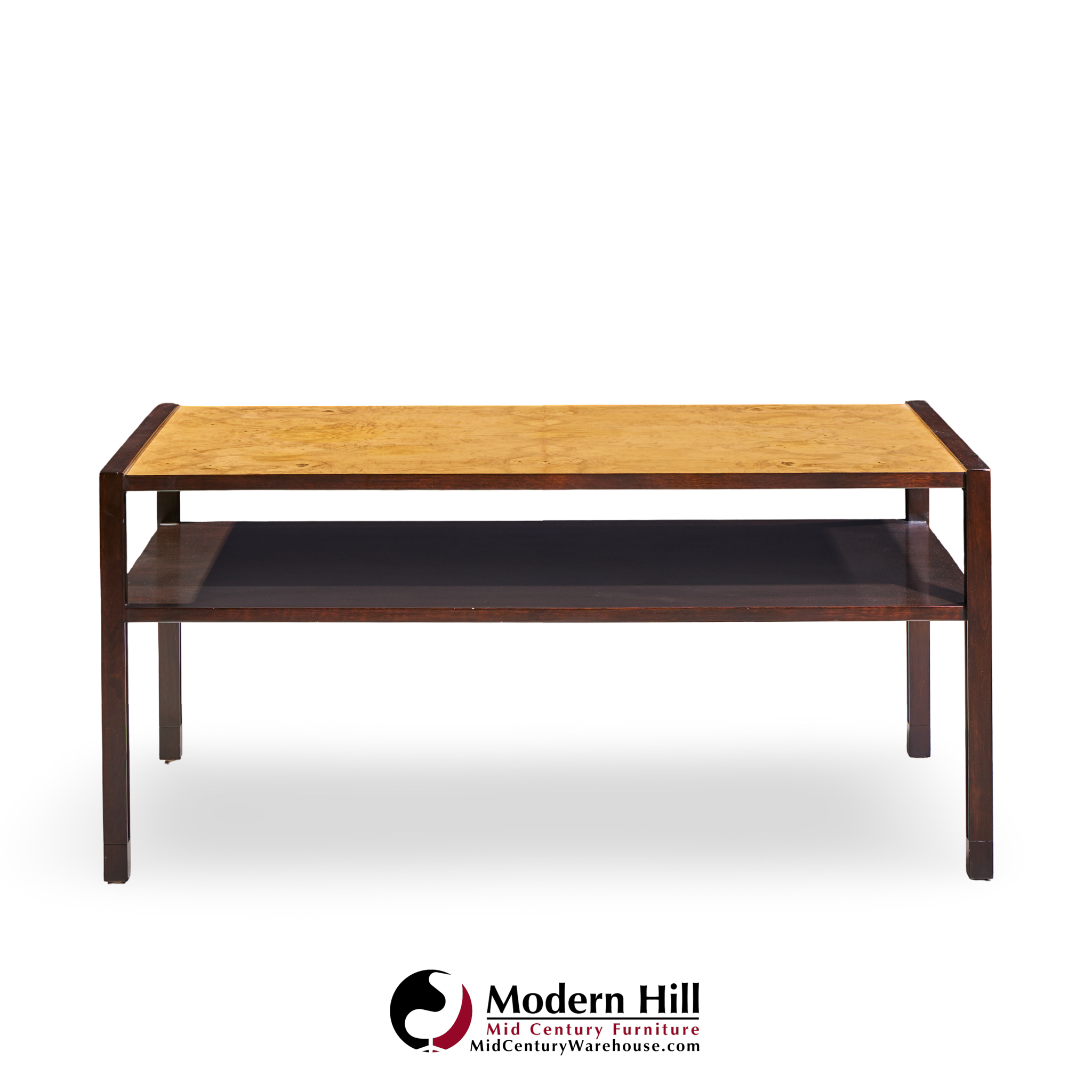 Edward Wormley for Dunbar Mid Century 2-tier Burlwood and Mahogany Coffee Table