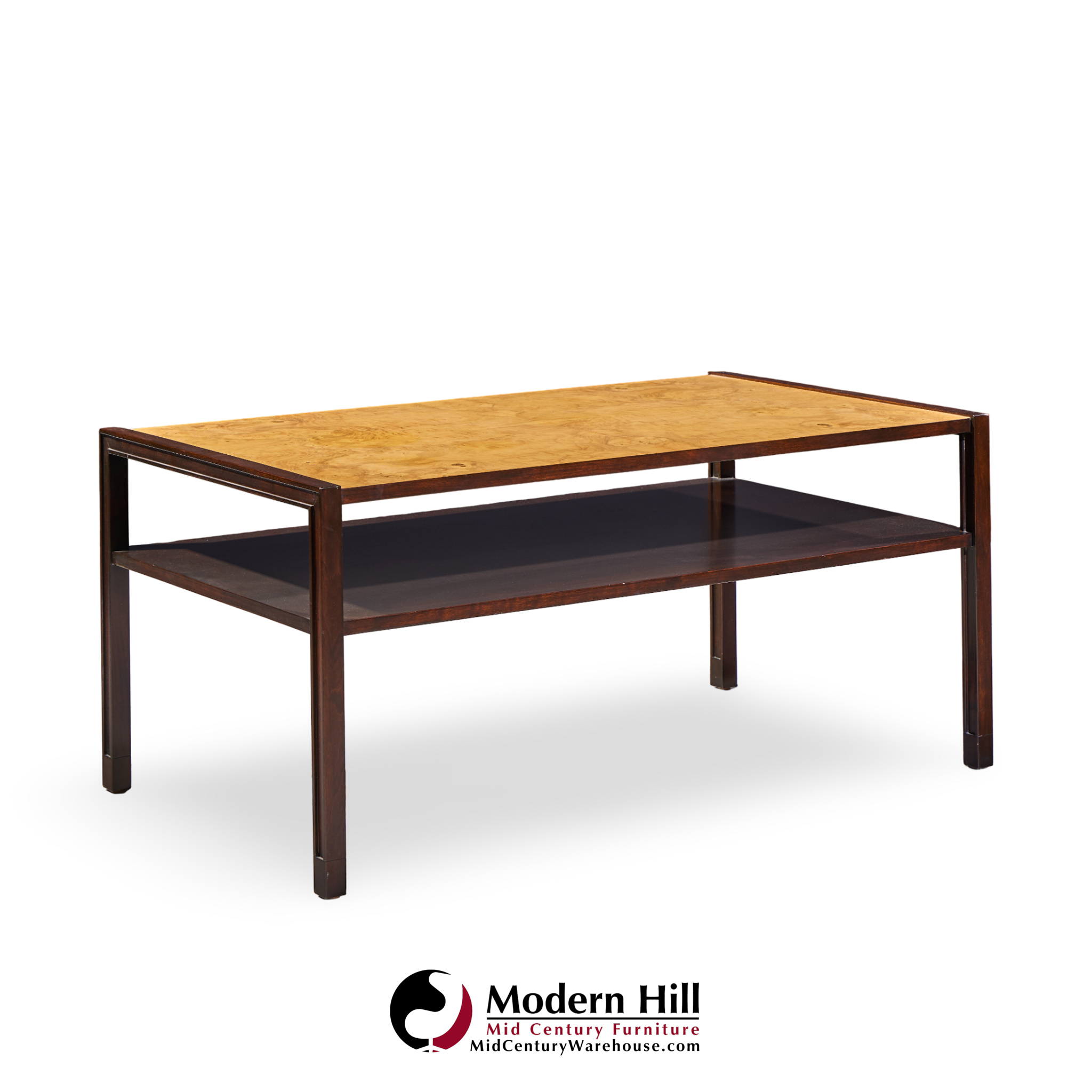 Edward Wormley for Dunbar Mid Century 2-tier Burlwood and Mahogany Coffee Table