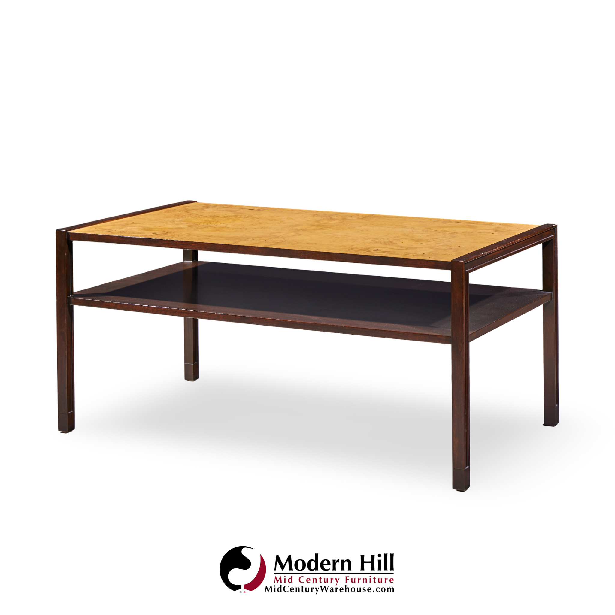 Edward Wormley for Dunbar Mid Century 2-tier Burlwood and Mahogany Coffee Table
