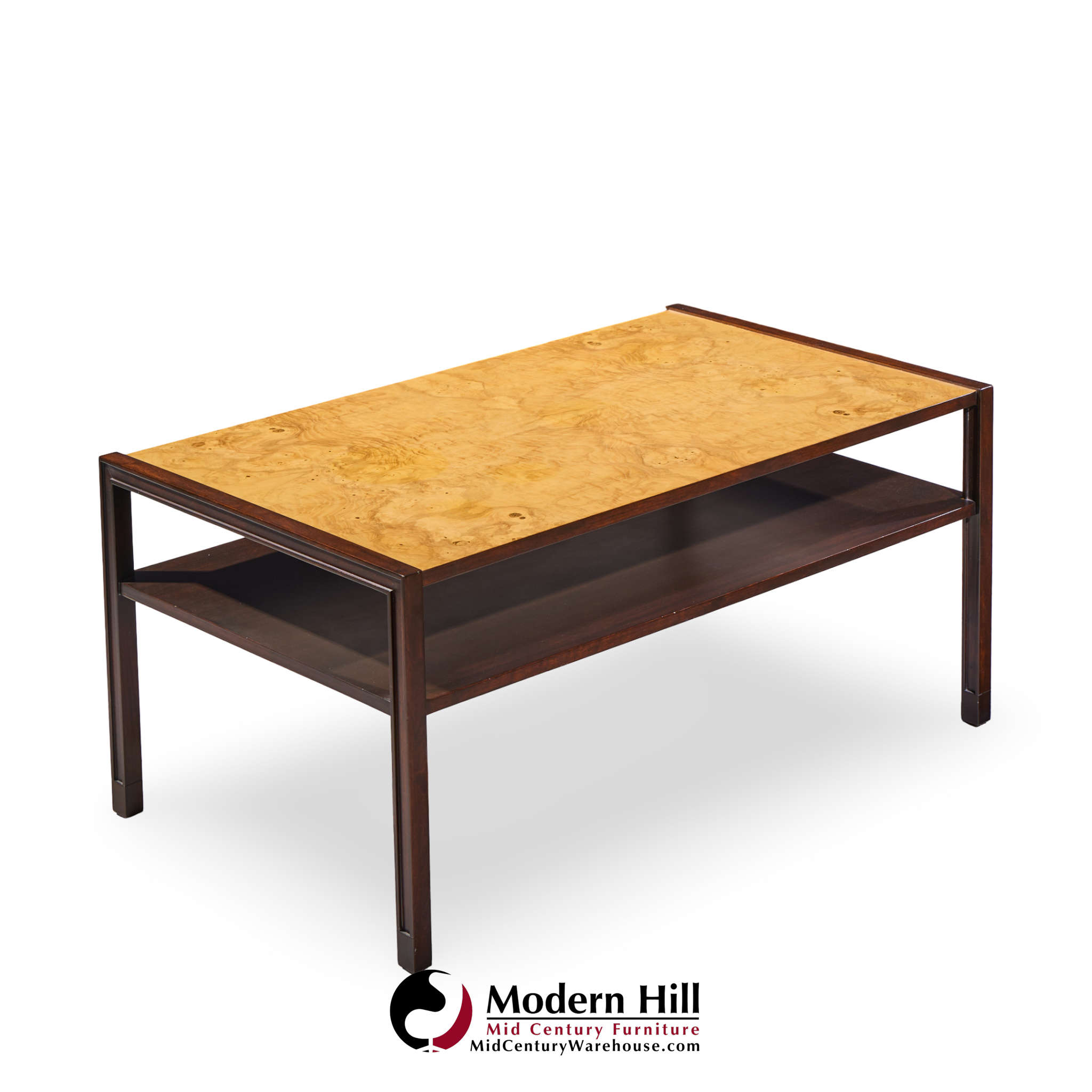 Edward Wormley for Dunbar Mid Century 2-tier Burlwood and Mahogany Coffee Table