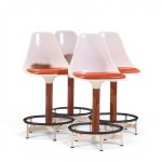 Eero Saarinen Style Burke Mid Century Walnut and Fiberglass Barstools - Set of 4