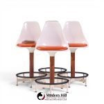 Eero Saarinen Style Burke Mid Century Walnut and Fiberglass Barstools - Set of 4