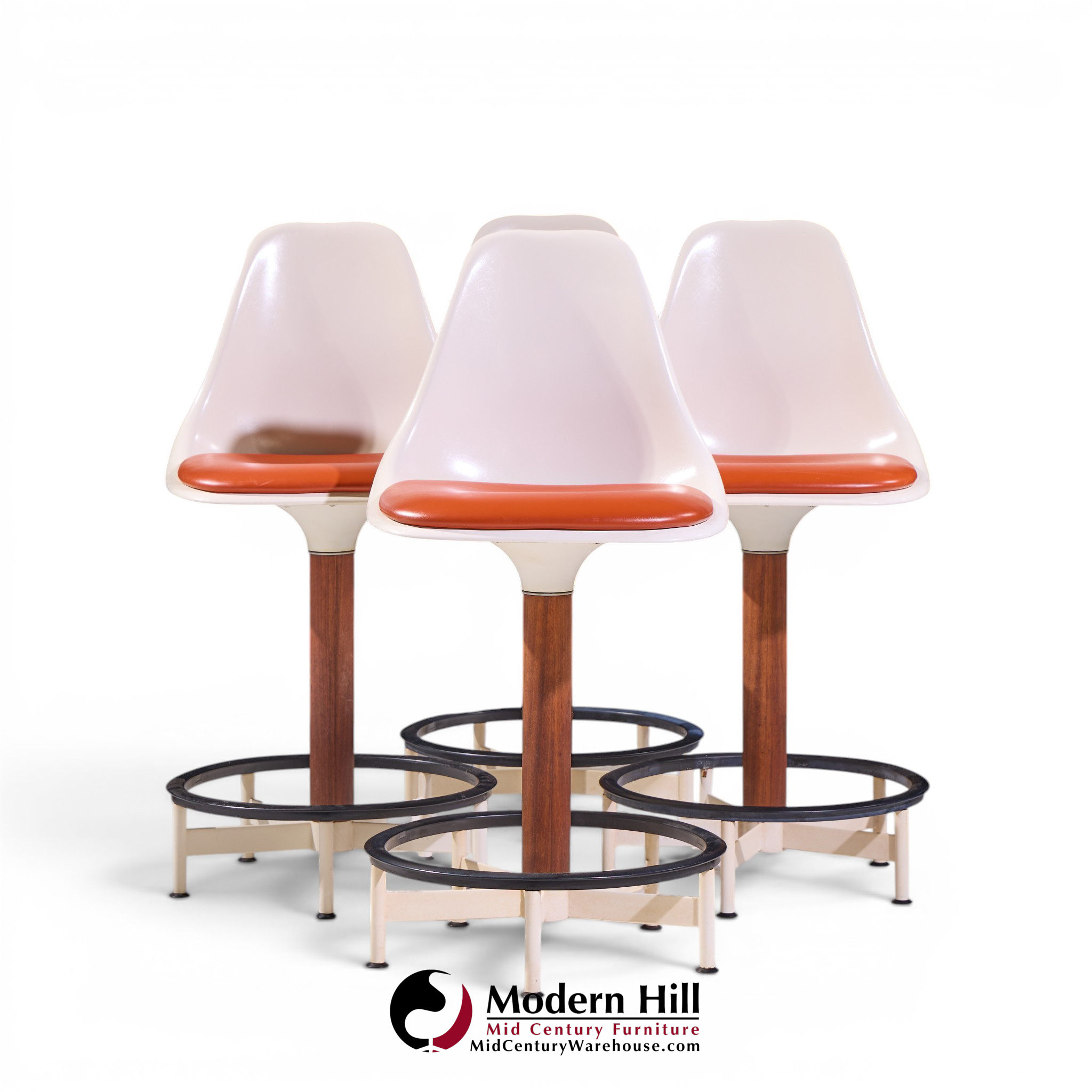 Eero Saarinen Style Burke Mid Century Walnut and Fiberglass Barstools - Set of 4