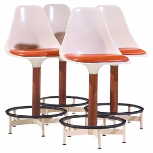Eero Saarinen Style Burke Mid Century Walnut and Fiberglass Barstools - Set of 4