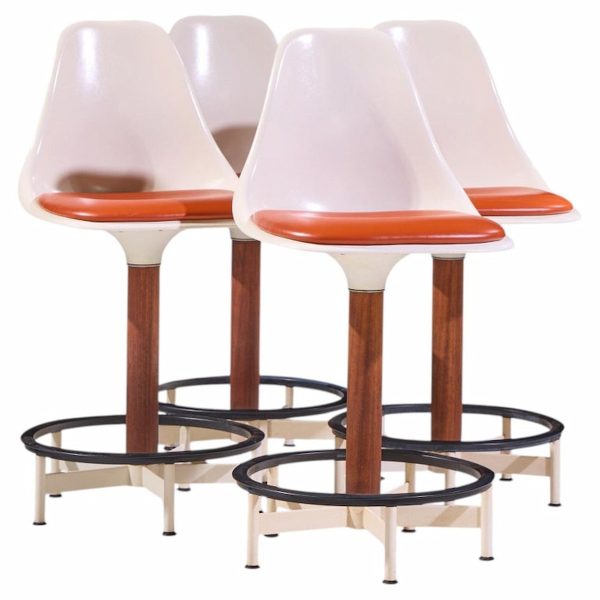 Eero Saarinen Style Burke Mid Century Walnut and Fiberglass Barstools - Set of 4